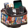360¡ã Swivel Remote Control Holder with 5 Compartments ¨C PU Leather Desktop Organizer Caddy for TV Remotes, Phones, Glasses, Cosmetics & Stationery, Rotating Storage Box for Home Office Nightstand