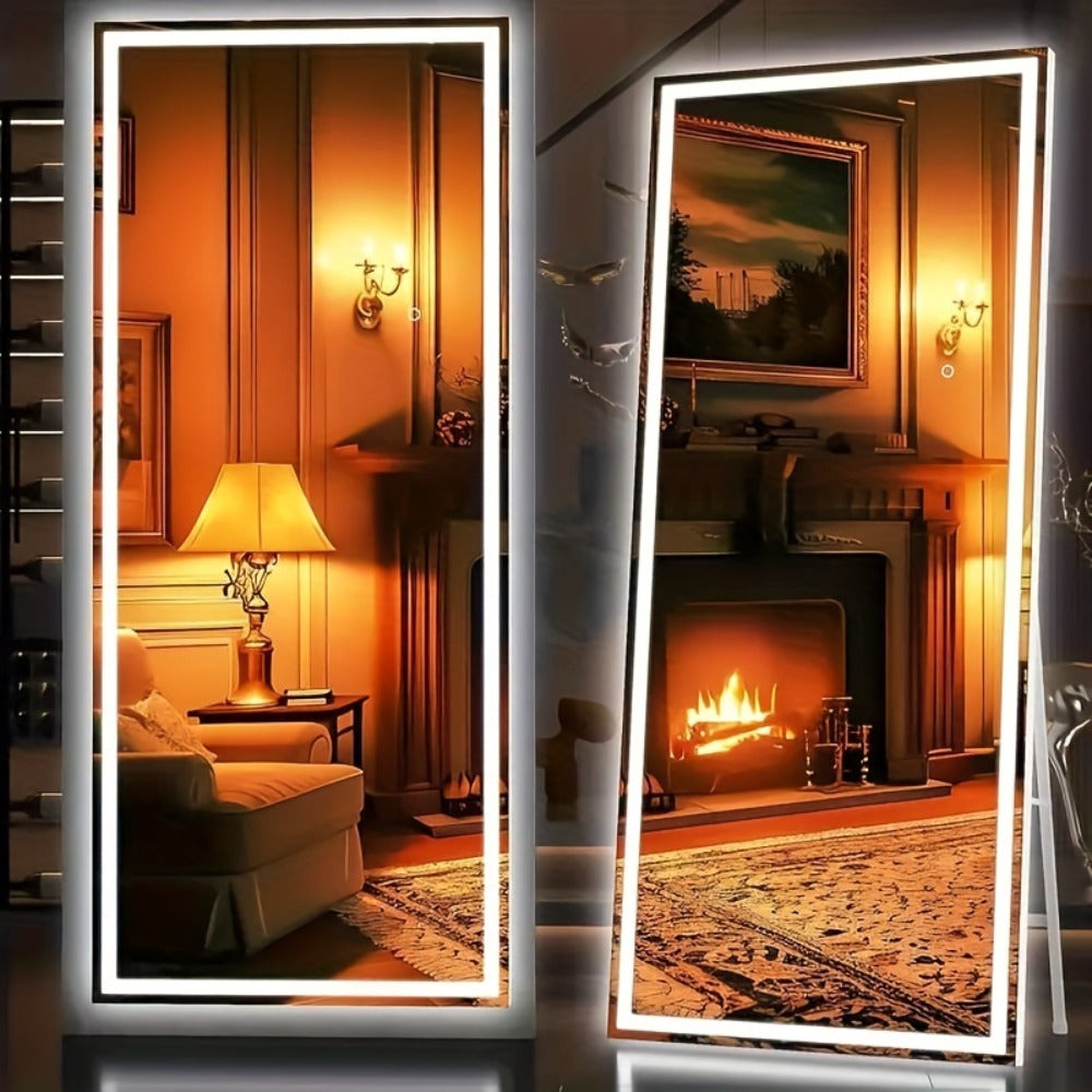 Full Length Mirror Floor Standing with LED Light - Arched & Rect Aluminum Frame Dressing Mirror for Bedroom Living Room, Black/Golden/White