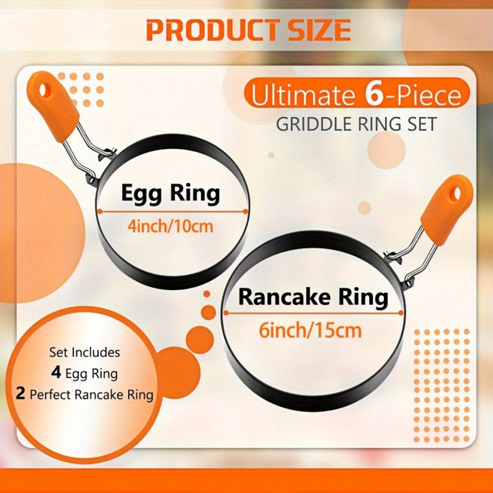 Egg Ring Set 6pcs Nonstick Stainless Steel Pancake Mold 4 Inch and 6 Inch Silicone Handle Round Griddle Shaper for Eggs Omelettes Pancakes Sandwiches Breakfast Cooking
