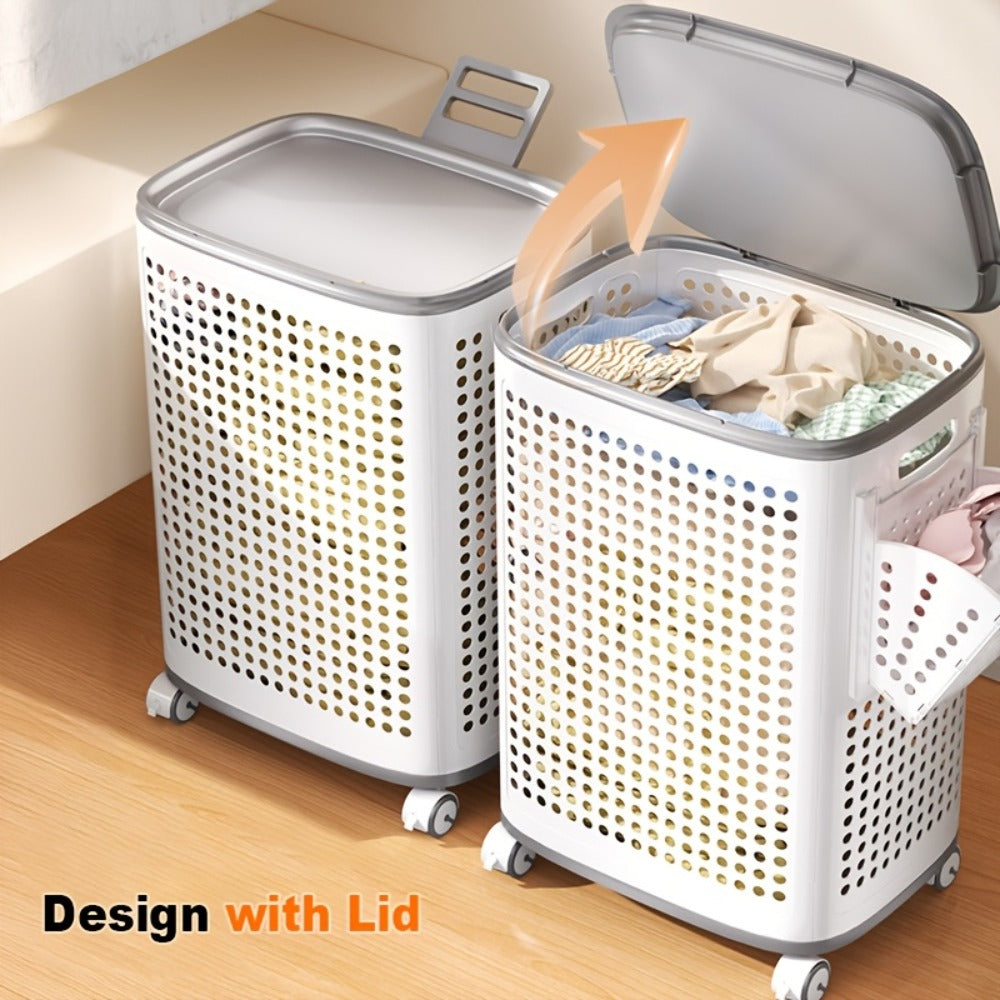 Rolling Laundry Basket with Lid and Wheels ¨C Large Foldable Ventilated Storage Bin with Lockable Casters, Removable Inner Basket for Underwear, Space-Saving Clothes Hamper for Bedroom & Bathroom