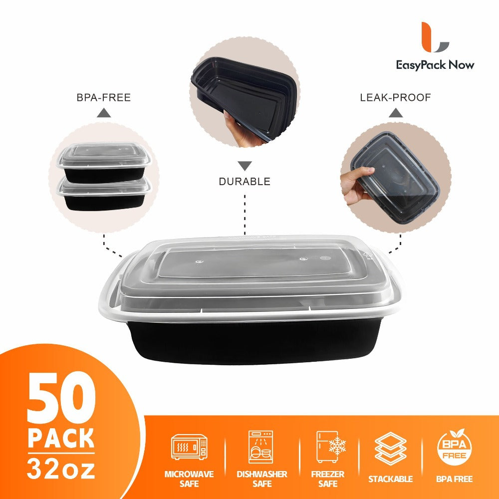 Meal Prep Containers with Lids 50 Pack BPA Free ¨C 32oz & 38oz Stackable Disposable Plastic Food Storage Containers, Microwave Dishwasher Freezer Safe | Restaurant, Catering, Home Kitchen & Lunch Boxes