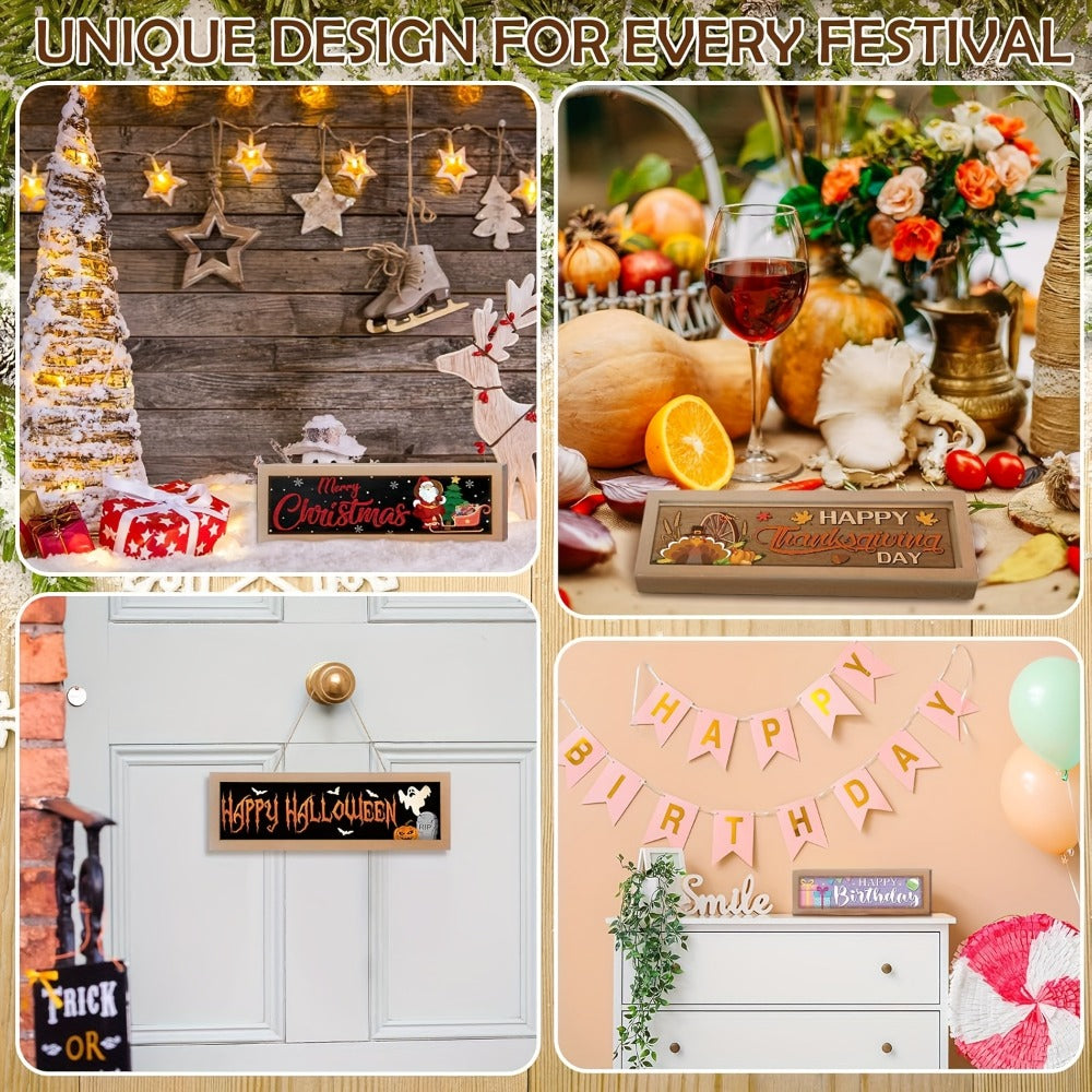 Interchangeable Seasonal Wood Welcome Sign 25-Piece Set ¨C Wooden Frame Table Decor with Swappable Holiday Signs for Fall, Thanksgiving, Halloween & Autumn Wreath Decoration