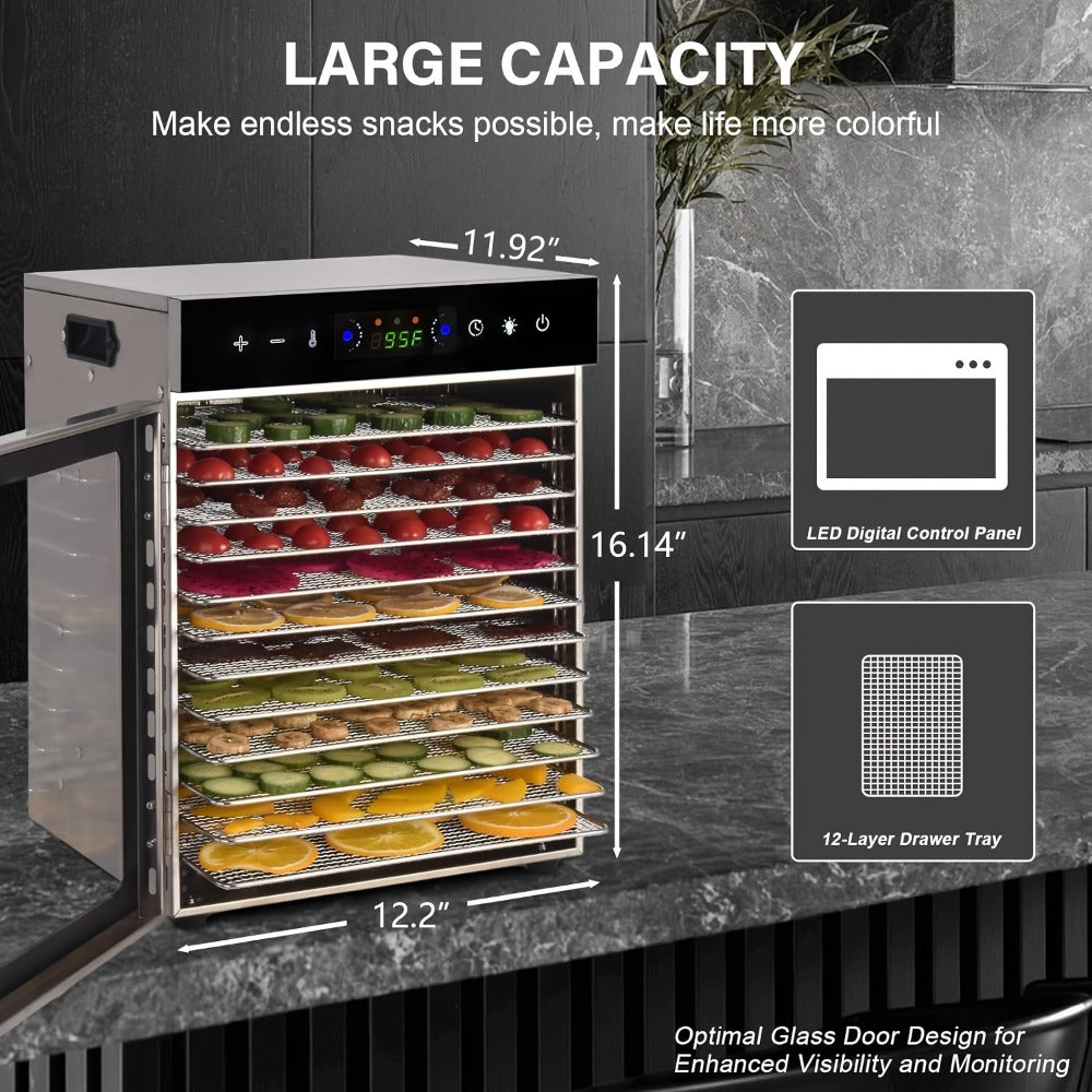 Food Dehydrator 12 Stainless Steel Trays 800W 24H Digital Timer 86-194¡ãF Temperature Control 360¡ã Hot Air Circulation for Jerky Fruit Herbs Vegetables with Recipe Book