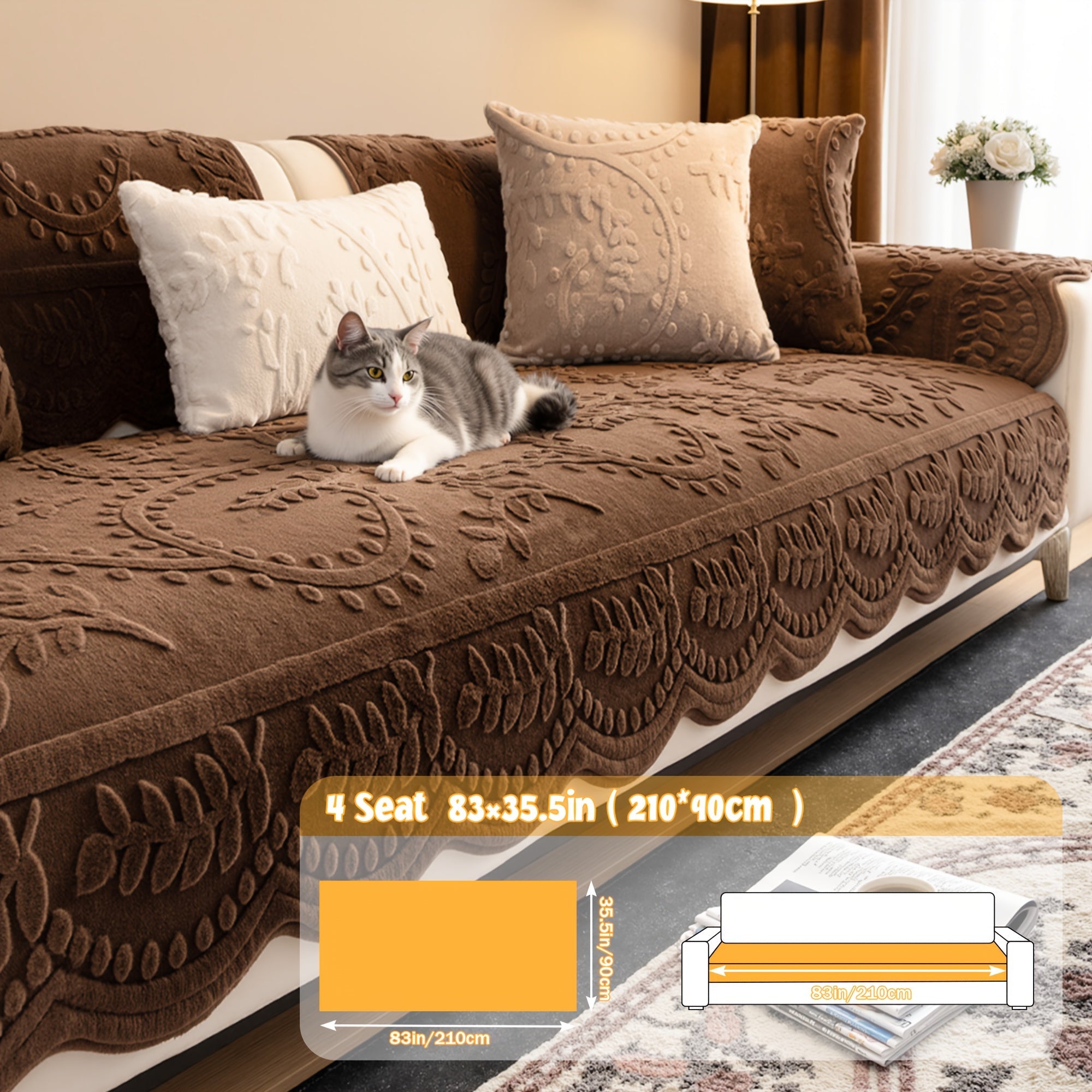 Faux Rabbit Fur Plush Sofa Cover Non-Slip | Thickened Quilted Couch Cushion, Machine Washable Pet Friendly, 1 to 4 Seat Armrest Backrest, White Light Grey Brown, Home Winter Decor