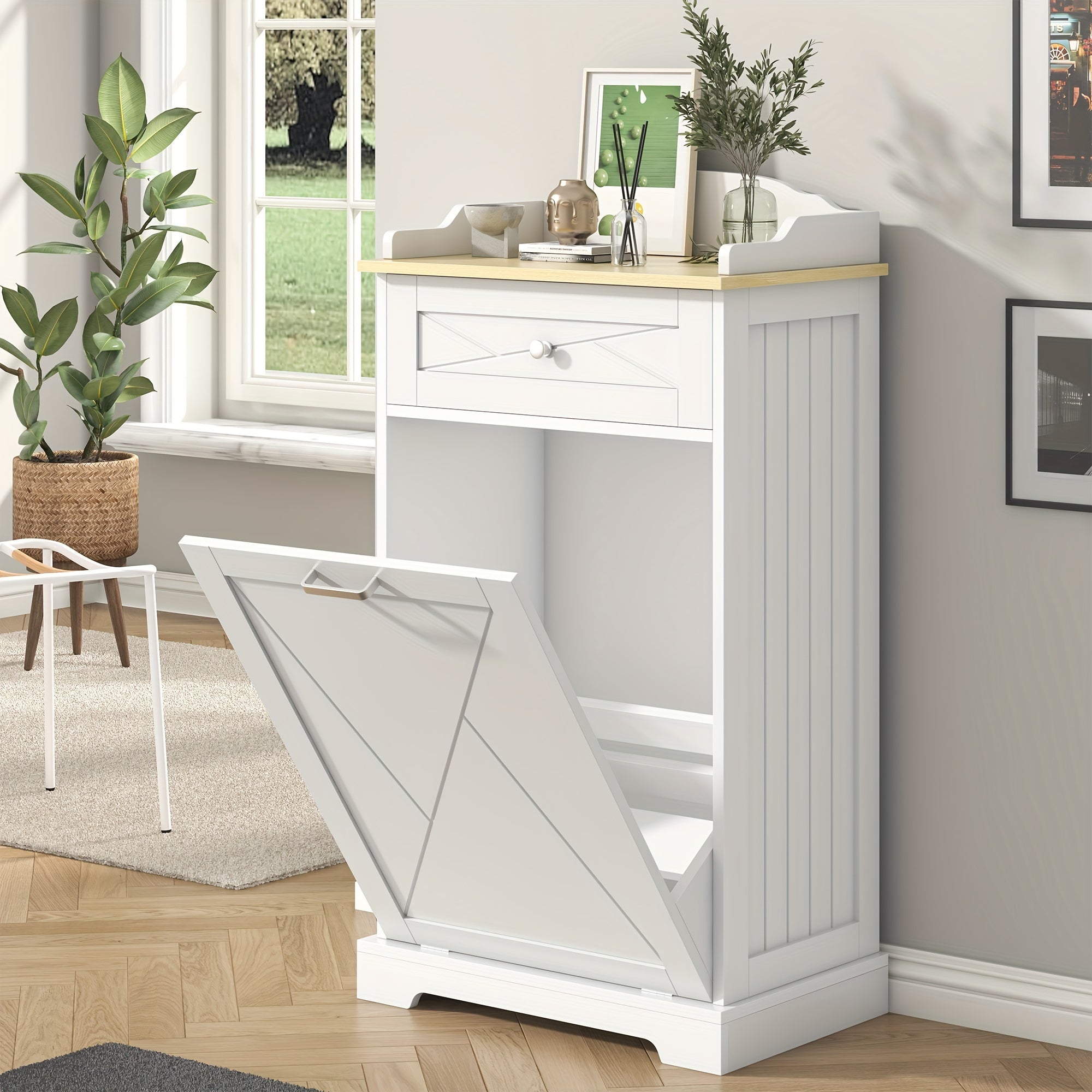 Tilt Out Trash Can Cabinet 12 Gallon Hidden Kitchen Trash Cabinet with Drawers, Pantry Storage, Laundry Hamper Cabinet