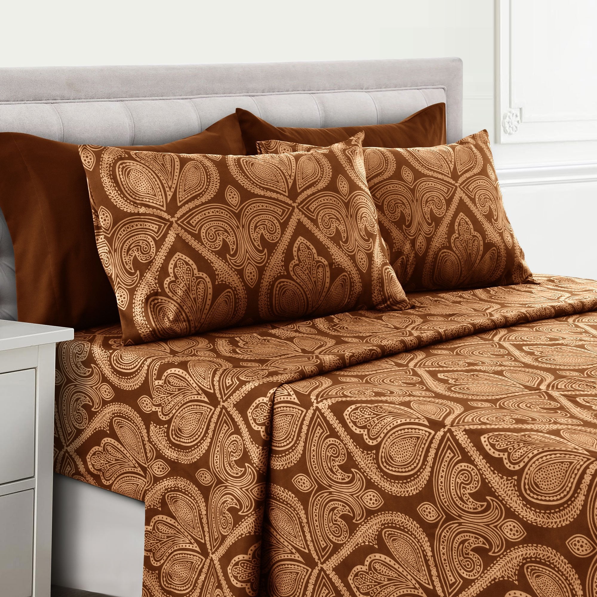 Paisley Bed Sheet Set 4 6 Piece 100% Brushed Microfiber Deep Pocket Fitted Sheet Soft Wrinkle Free Cooling Breathable Twin Full Queen King Cal King