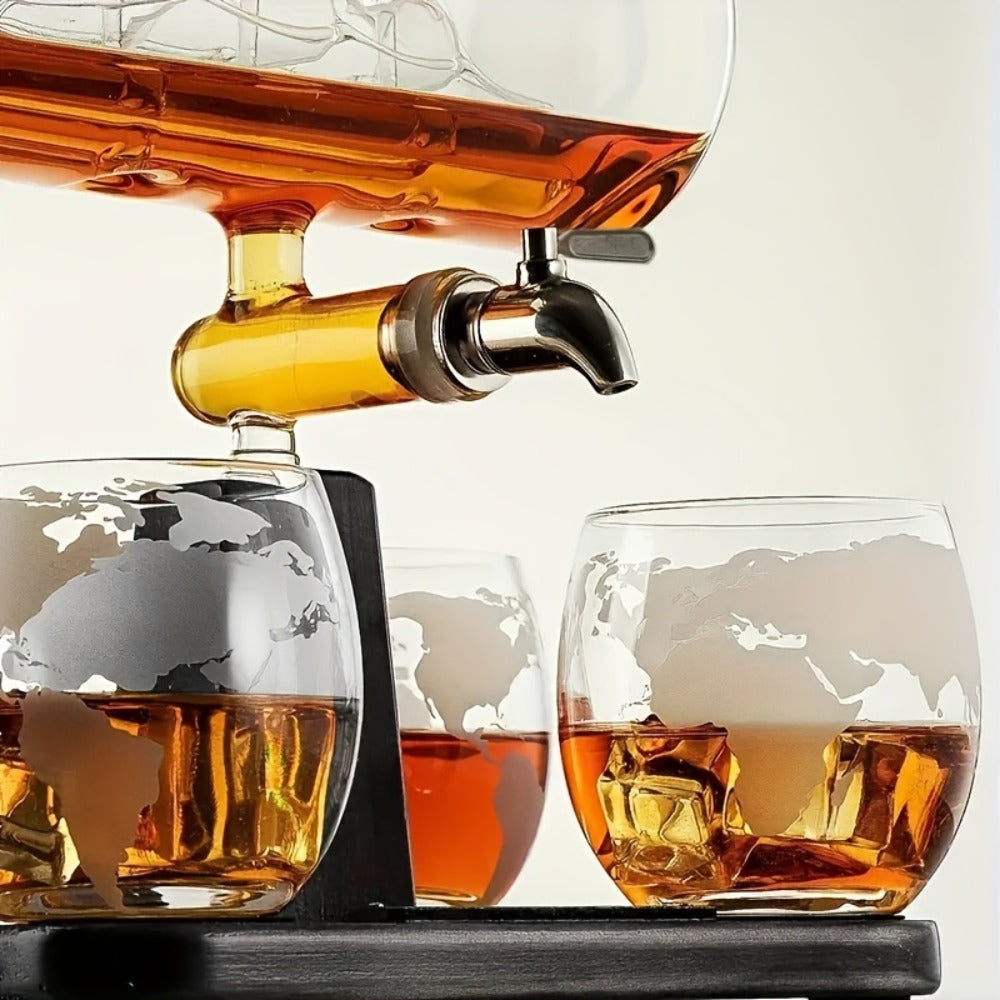 Wine Decanter Set with Glasses 44oz Boat-Shaped Glass Decanter 4 Wine Glasses Wooden Rack Unique Wine Gift Set for Home Bar Birthday