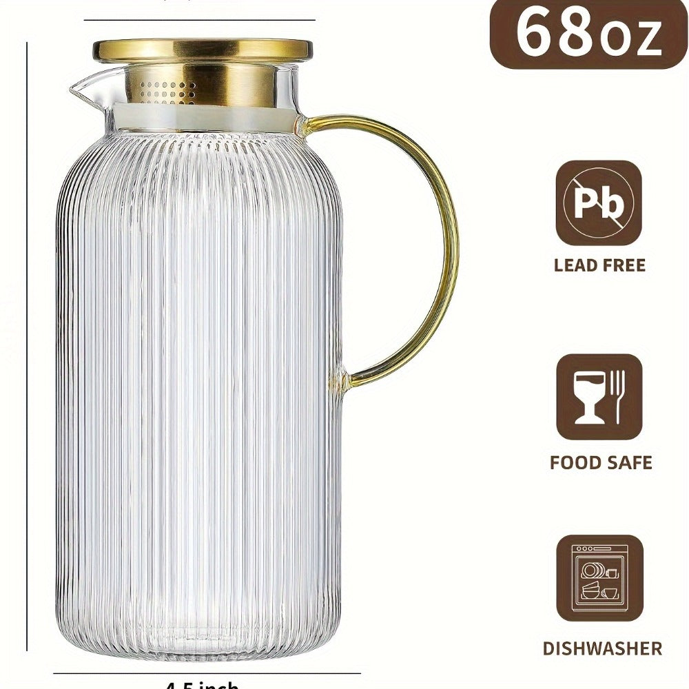 Glass Pitcher with Stainless Steel Lid 68oz 2 Liter Borosilicate Water Pitcher Carafe for Cold Brew, Lemonade, Iced Tea & Milk ¨C Heat Resistant, 2 or 4 Pack