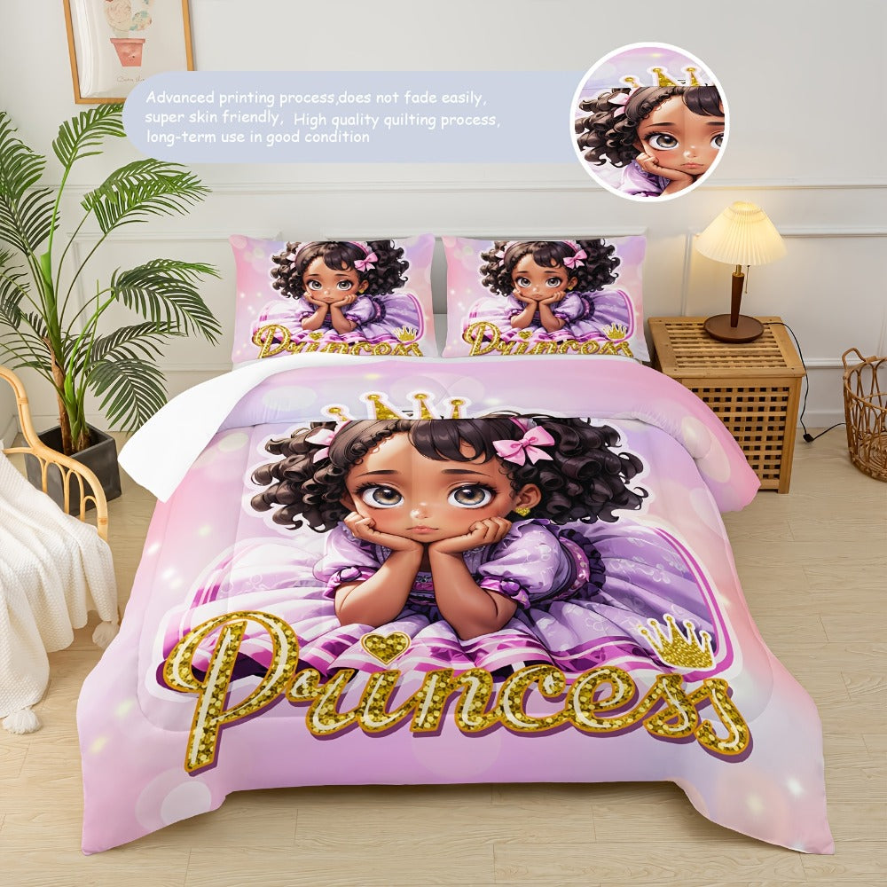 Comforter Set Queen Pink Princess Bedding Set 3 Piece Cute Floral Printed Bed Comforter with 2 Pillow Cases Soft Breathable Polyester All Season Bedding for Home Dorm Bedroom Decoration