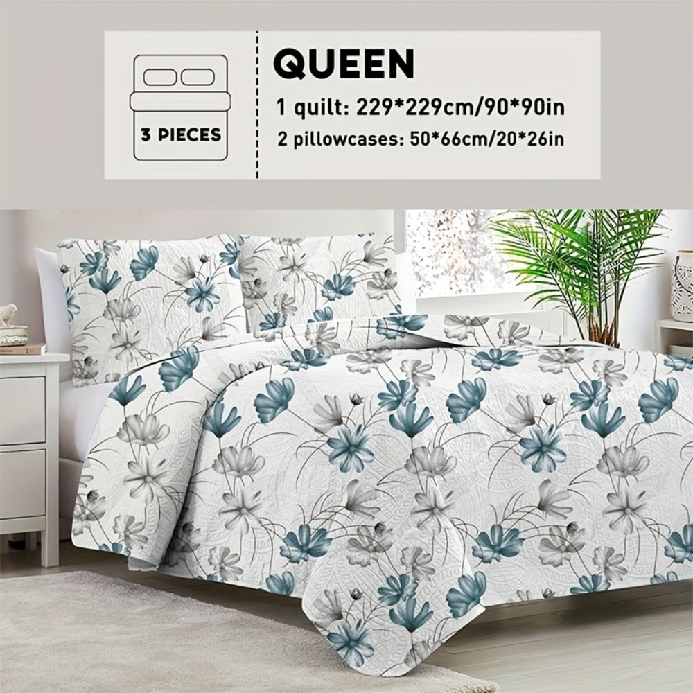 Reversible Floral Comforter Quilt Set ¨C Soft Microfiber Botanical Bedding, Twin Full Queen King, All Seasons ¨C White, Blue, Pink & More