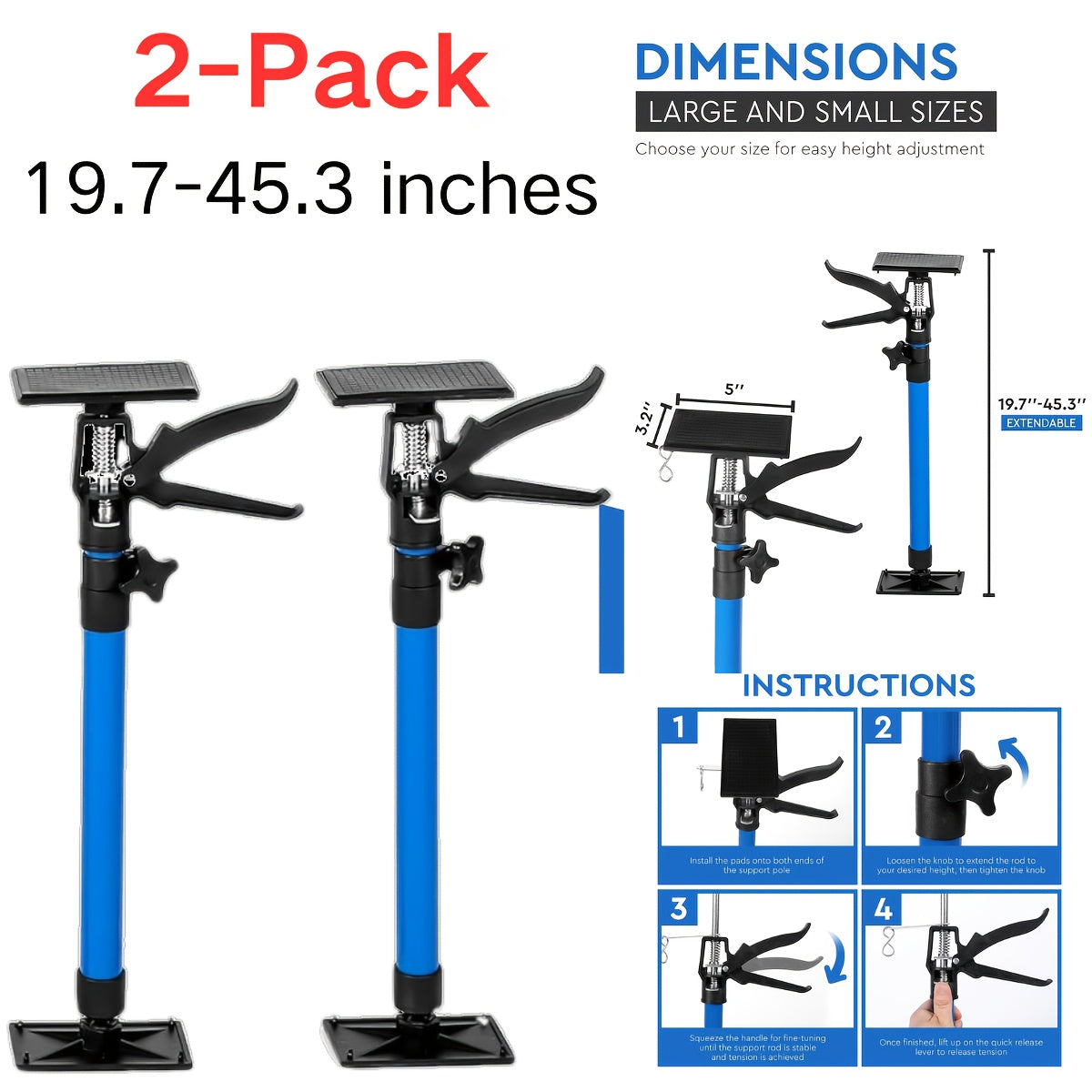 Adjustable Steel Support Rods for Drywall & Cabinet Installation, Extendable Construction Support Poles 19.7¡±-45.3¡± / 45¡±-114¡±, Manual Lifting Tool Height Adjuster for Home Renovation, 2PCS & 4PCS Sets