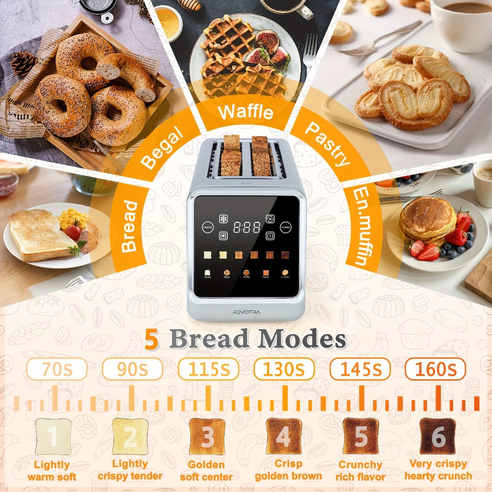 4-Slice Toaster Long Slot Stainless Steel ¨C Touch Screen LED Display, 1.5¡± Wide Slots, Countdown Timer, Memory Function, Dual Control, 6 Shade Settings