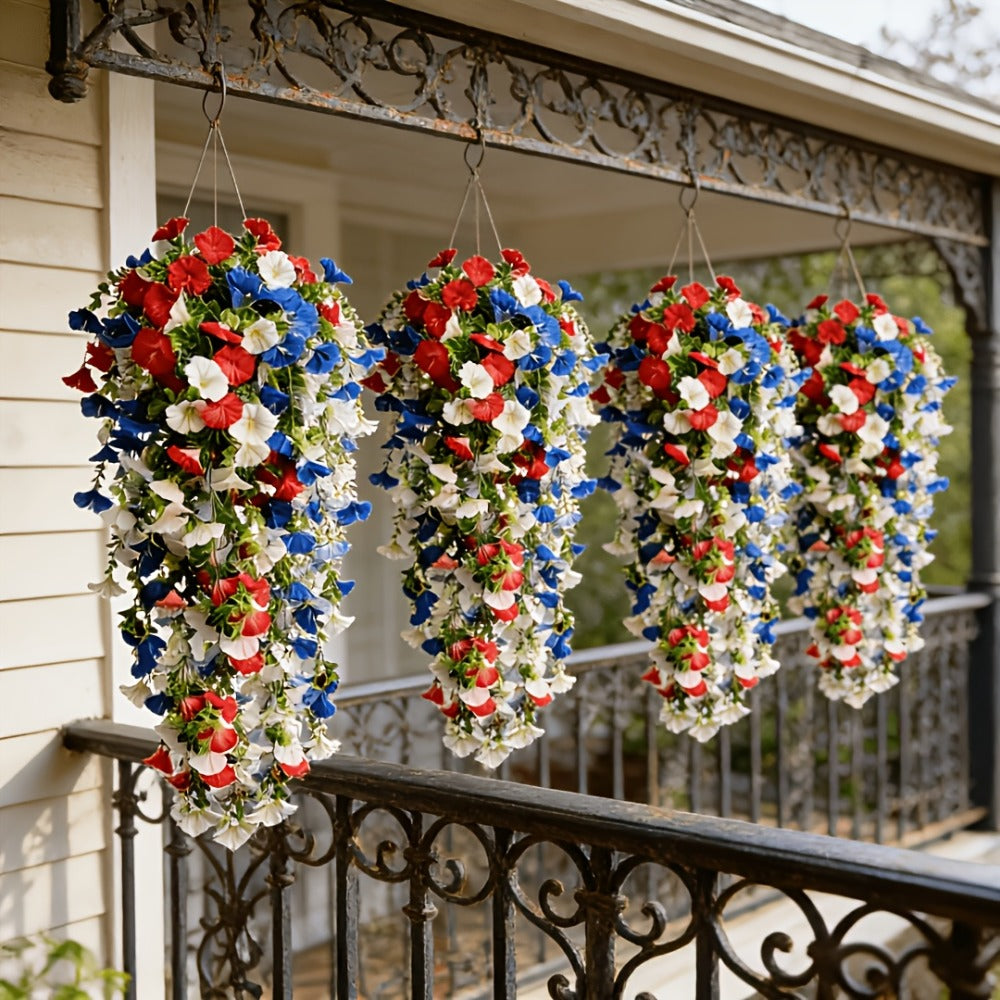 Artificial Hanging Morning Glory Flowers 6pcs - Red White Blue Fake Flower Vines for Home Garden Outdoor Indoor Decor, Independence Day Memorial Day Decoration, No Maintenance Plastic Blooms