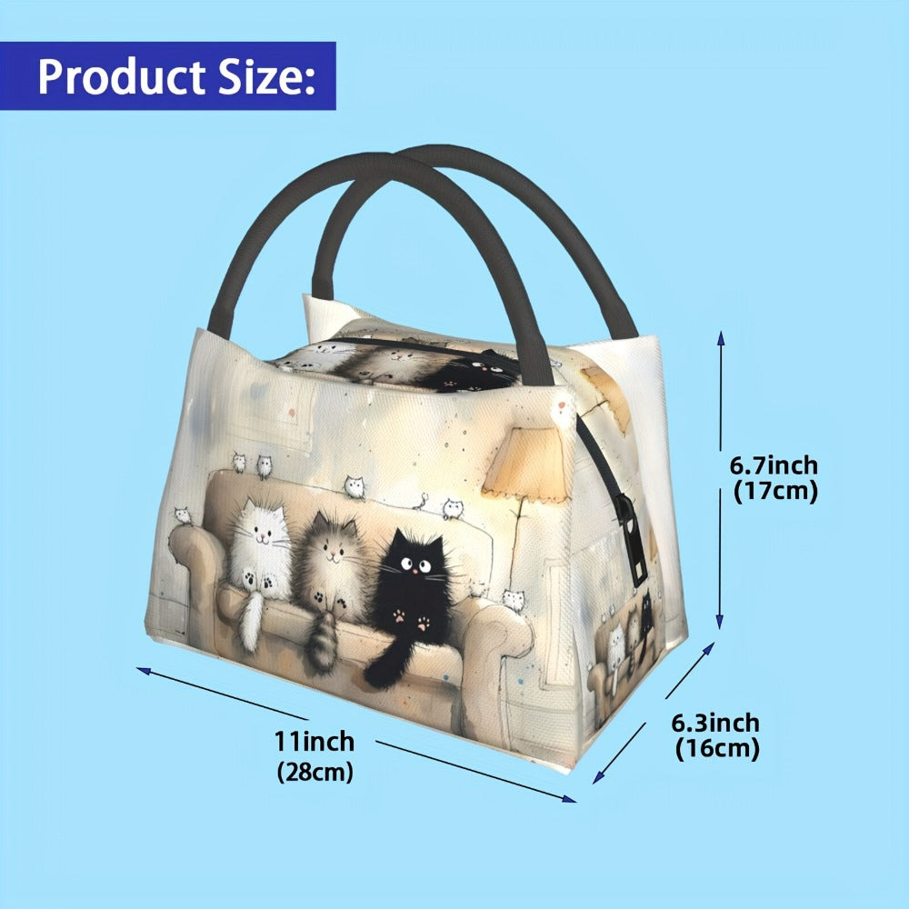 Insulated Lunch Bag with Cat Design - Reusable Polyester Lunch Tote for Women, Portable Cooler Bag for Work, Picnic, Hiking & Beach, Easy to Clean, Animal Print