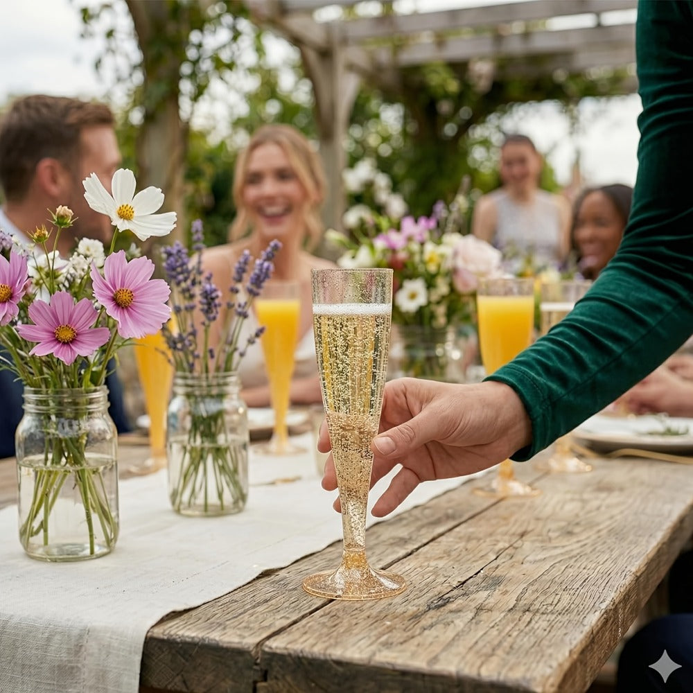 Plastic Champagne Flutes Bulk 25 50 Pack Disposable Reusable Golden Glitter Champagne Glasses Stackable Food-Grade PS Party Cups for Wedding Birthday New Year Picnic Brunch Events
