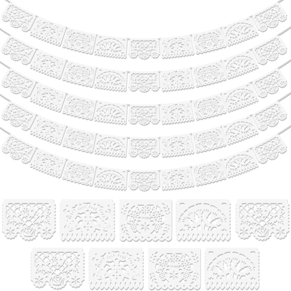 Papel Picado Banners 5 Pack White ¨C Mexican Fiesta Party Decorations, Day of the Dead Decor, Cinco de Mayo Banner, Wedding Fiesta Supplies, 4 Designs 90 Feet Plastic Flags