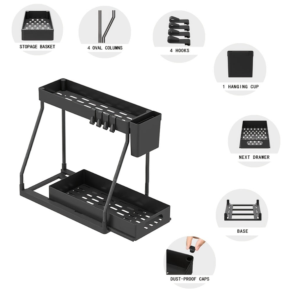 Under Sink Organizer 2pcs with Sliding Shelves ¨C Durable Pull-Out Cabinet Storage for Bathroom Kitchen Space Saving Vertical Design