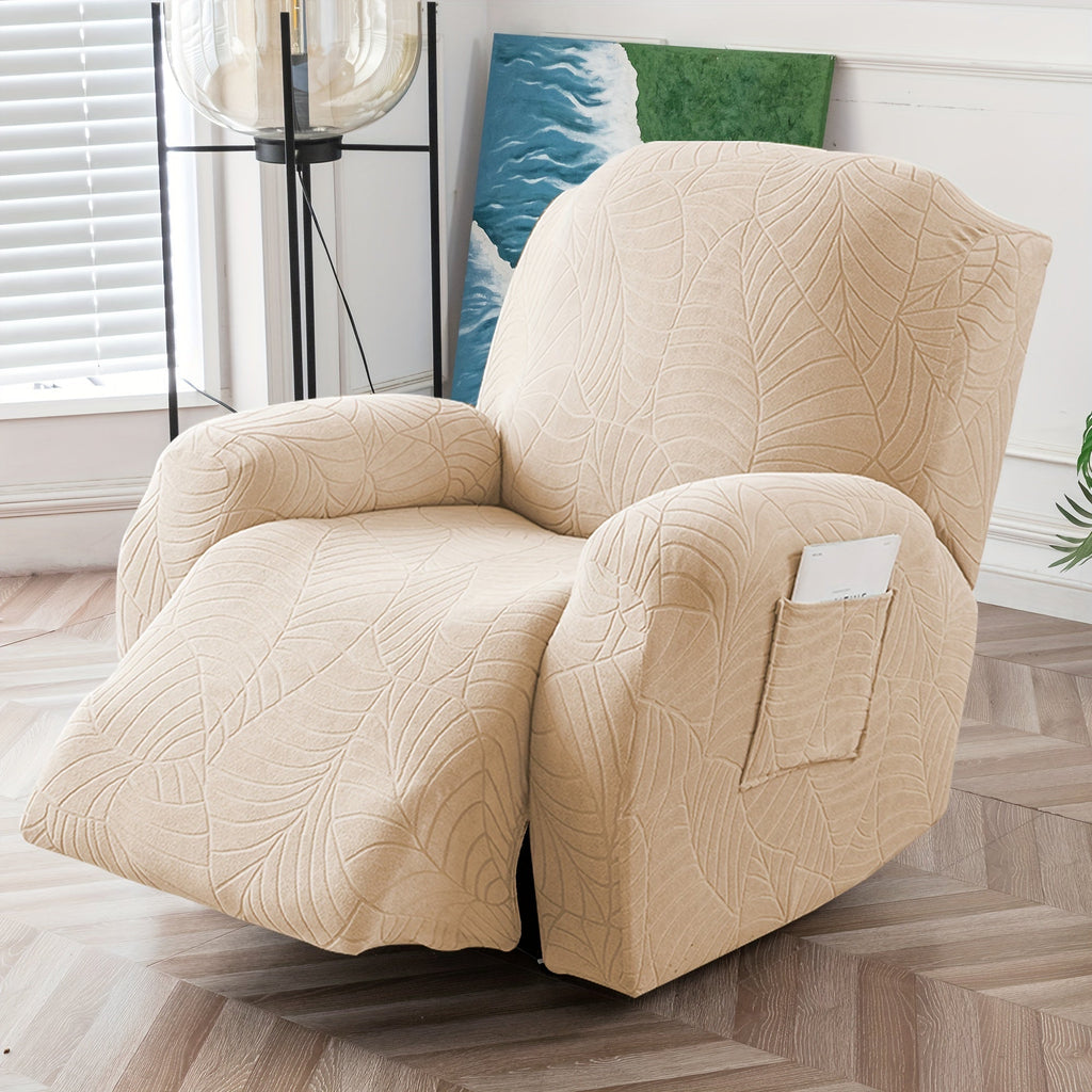 Recliner Chair Cover Slipcover 4-Piece Set ¨C Leaf Jacquard Stretch Furniture Protector with Storage Pocket, Non-Slip Recliner Sofa Cover for Living Room, Machine Washable, 6 Colors Available