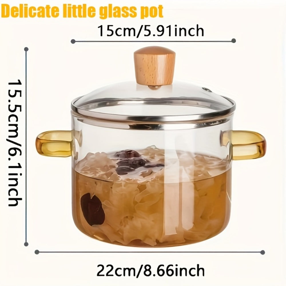Borosilicate Glass Pot with Lid 50oz Stovetop & Microwave Safe ¨C Double Heat-Resistant Handles for Soup, Milk & Porridge | Transparent Glass Saucepan Kitchen Cooker with Yellow or Green Handle