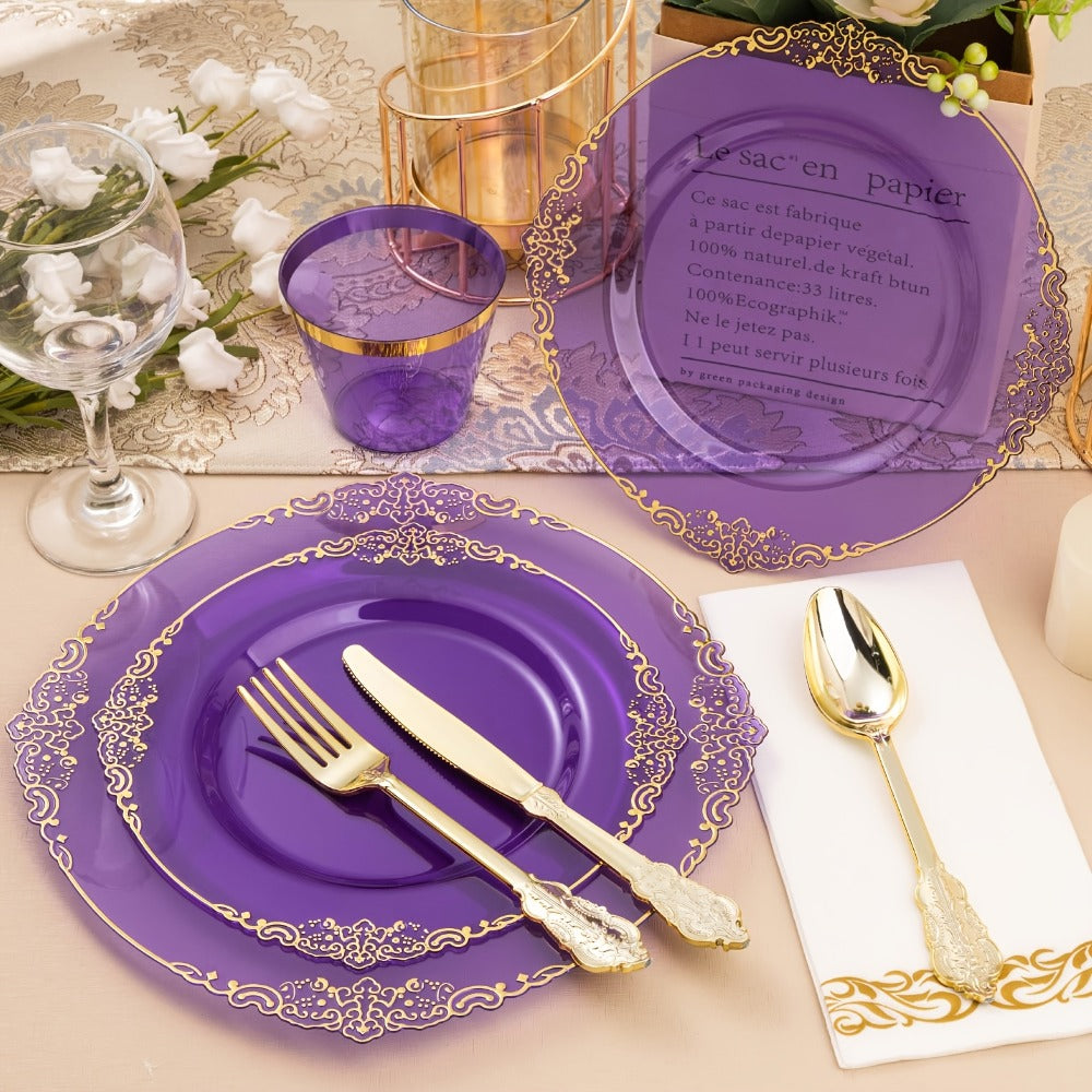 Disposable Party Plates Set 175 Pieces for 25 Guests Clear Plastic Plates with Gold Trim, Includes Dinner Plates Dessert Plates Cups Napkins Gold Silverware for Wedding Birthday Party Christmas
