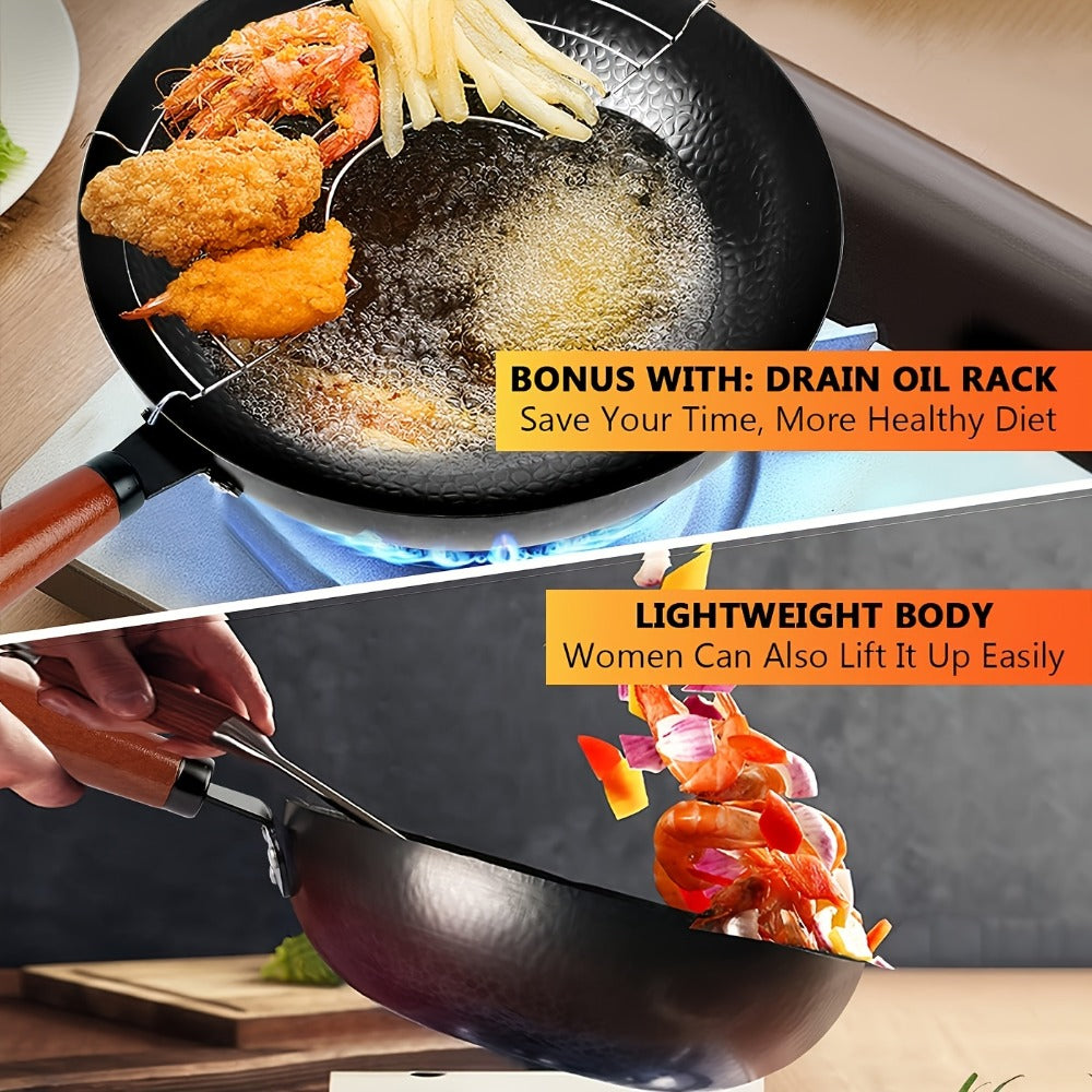 Carbon Steel Wok Set with Lid & Accessories ¨C 14-Piece Non-Stick Stir Fry Pan 12.6¡± for Gas Electric Induction All Stoves | Wok Pan with Spatula Brush Ring Utensils Kitchen Cooking Set