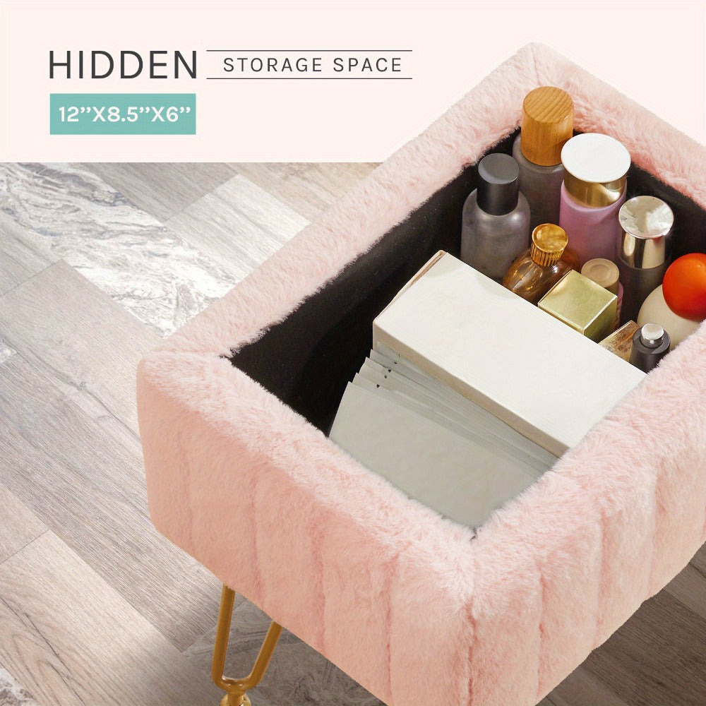 Faux Fur Storage Ottoman Stool ¨C Soft Furry Vanity Seat with Storage, 4 Metal Legs & Non-Slip Feet ¨C Cute Modern Multi-Function Chair for Bedroom, Vanity & Living Room