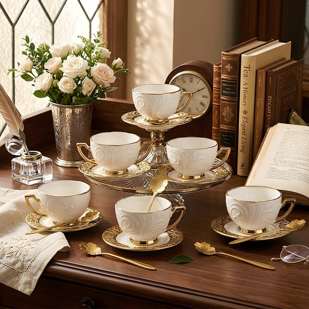 Espresso Cups Set 12 Pcs ¨C 7.44 Oz Small Ceramic Cappuccino Cup Set with 6 Cups, 6 Trays & 6 Spoons ¨C Elegant Coffee & Tea Cup Set with Handles ¨C Perfect Gift for Coffee Lovers