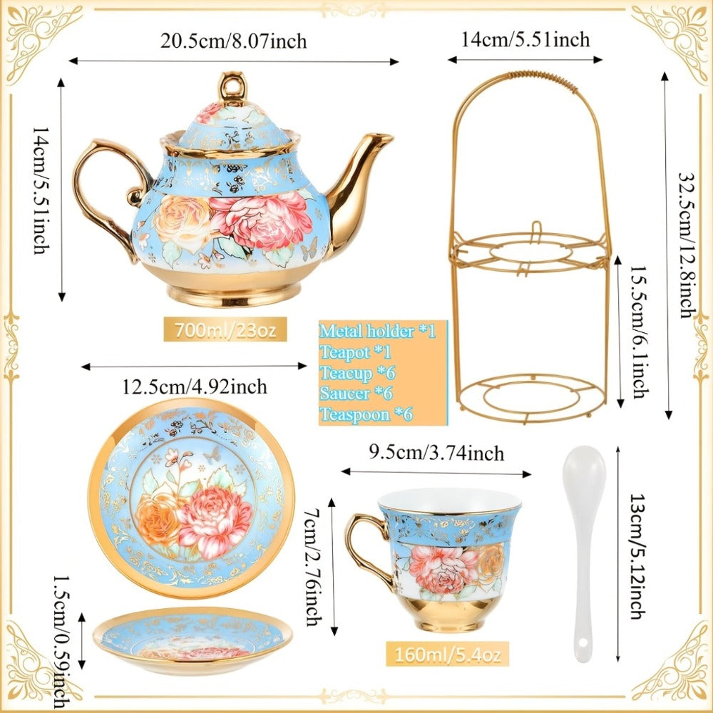 European Floral Ceramic Tea Set 20 Pcs ¨C Italian Style Afternoon Tea Set with Metal Stand ¨C Blooming Pattern Teapot & Cups ¨C Elegant Gift for Tea Lovers & Special Occasions ¨C Golden