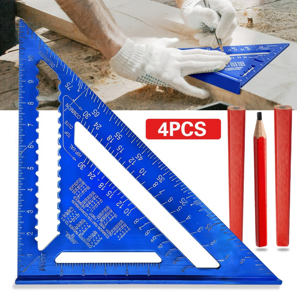 Aluminum Triangle Square Ruler 12 Inch Woodworking Angle Measuring Marking Tool with Protractor and Metric Scale for DIY Home Improvement