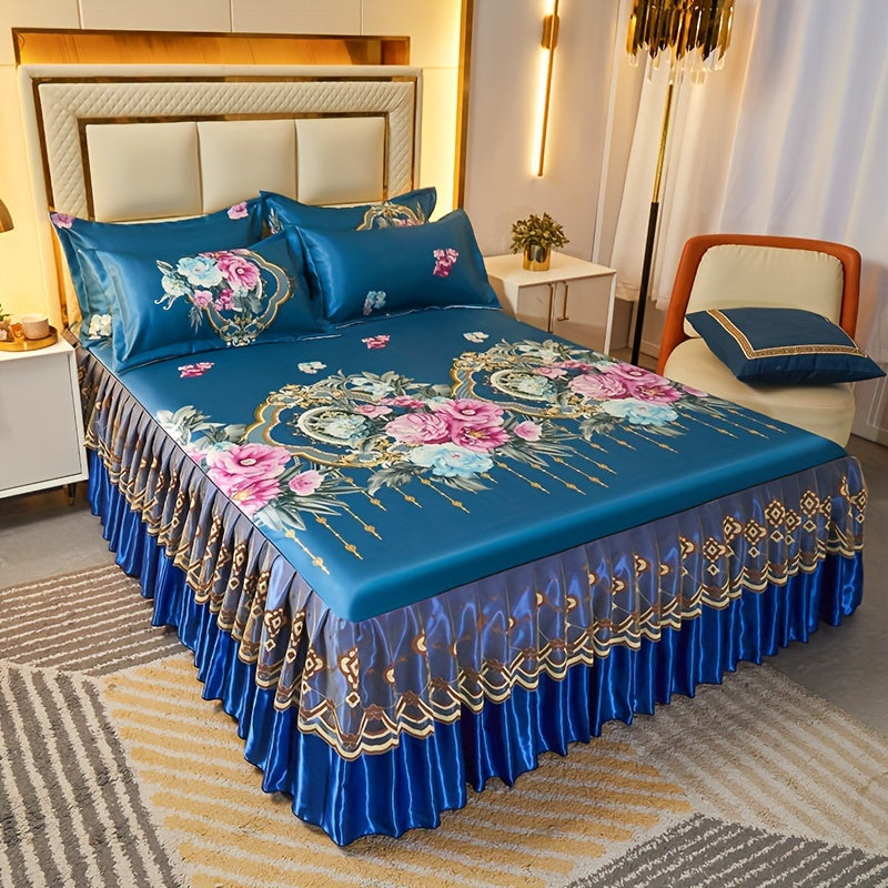 Floral Ruffle Bed Skirt Cool Mat 3 Piece Set with Pillowcase, Double Layer 360¡ã Full Wrap Washable Cooling Mattress Cover, Breathable Summer Bedding Set for Twin Full Queen King, Parisian Romantic Floral