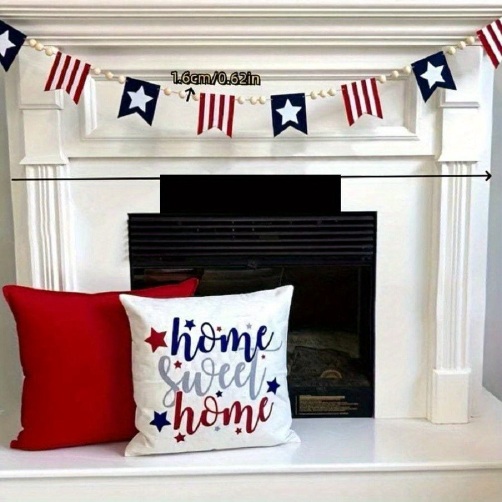 Patriotic Bunting Flags with Wood Bead Garland - 4th of July Red White Blue Hanging Banner Decor for Independence Day Party, Fireplace Mantle & Home Wall
