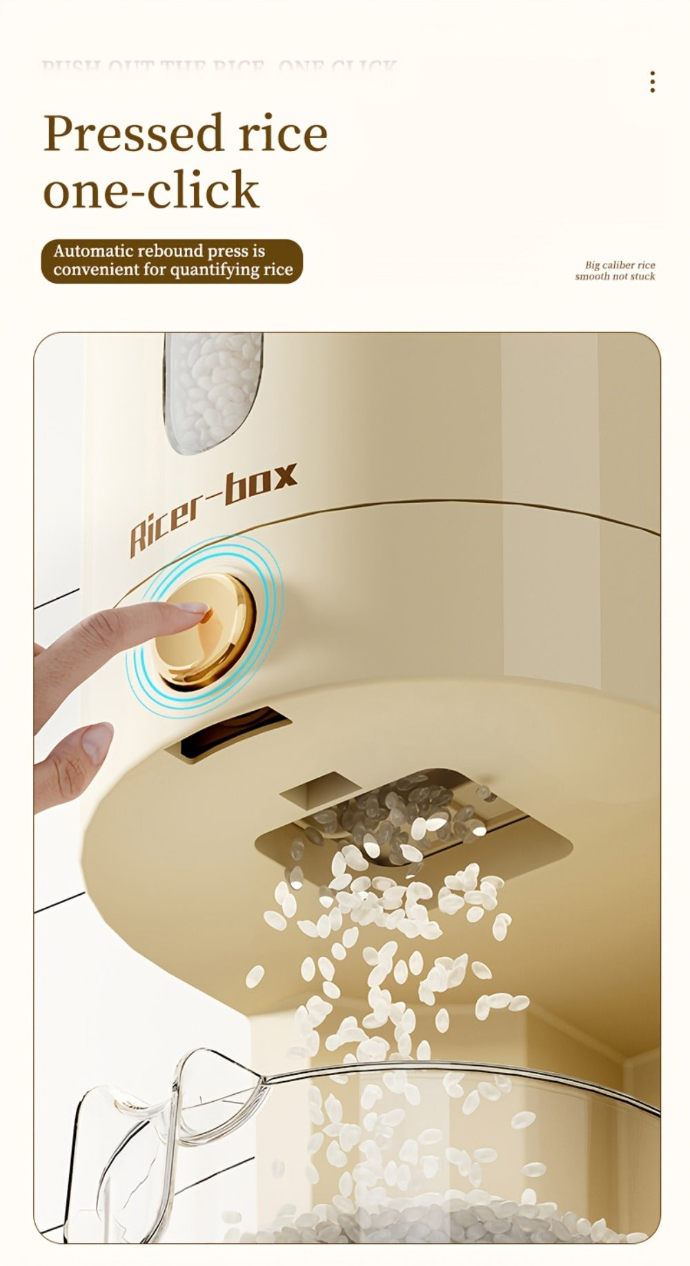 Rice Dispenser Storage Container Press Type Measuring Cup Moisture-Proof Sealed Grain Bin - Large Capacity Airtight Rice Storage Box for Rice Coffee Beans Flour Legumes Pet Food Kitchen Pantry Organizer