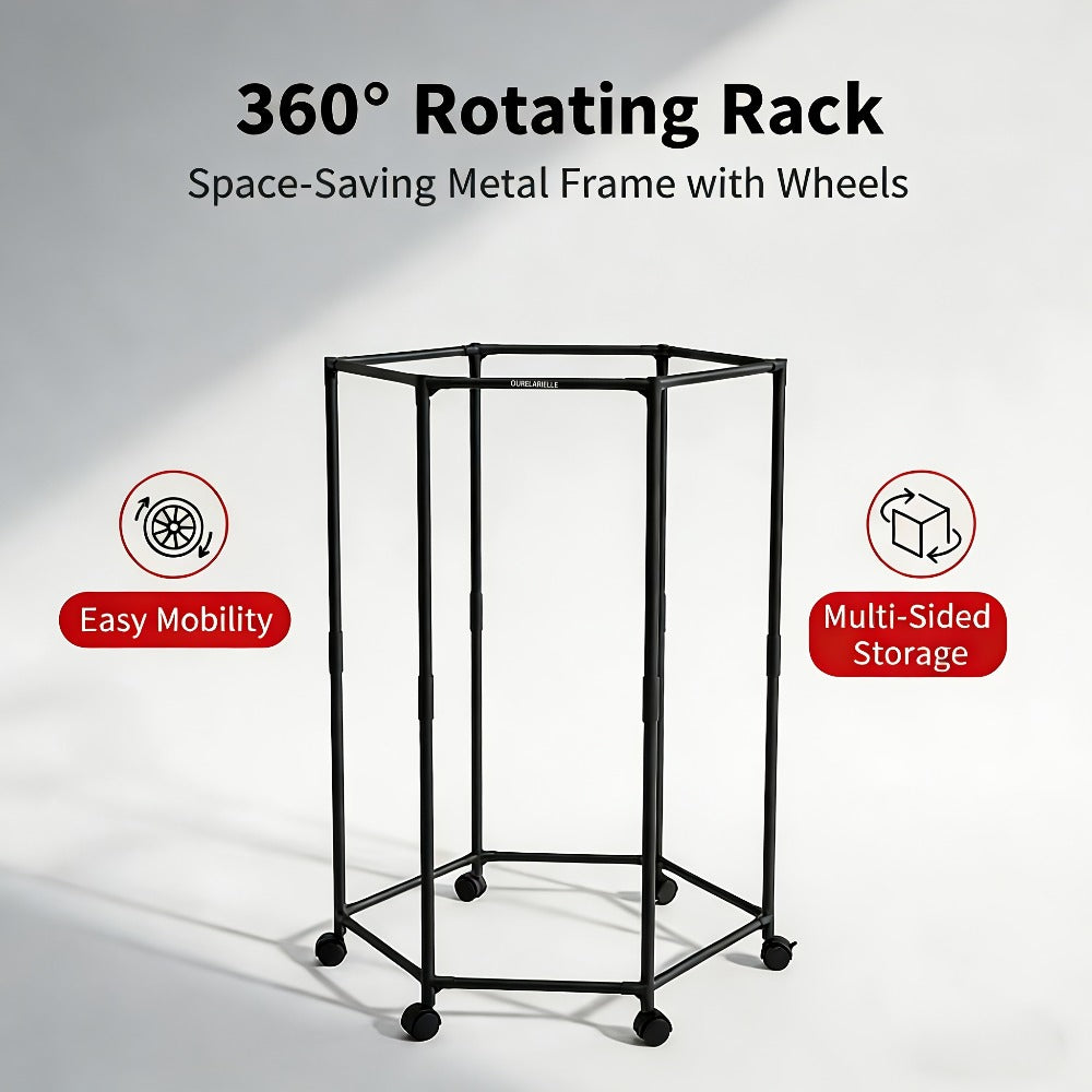 Hexagonal Clothes Drying Rack Freestanding Rotating Metal Garment Rack with Wheels Multiple Rods Space Saving Coat Rack for Bedroom Dorm Balcony Laundry