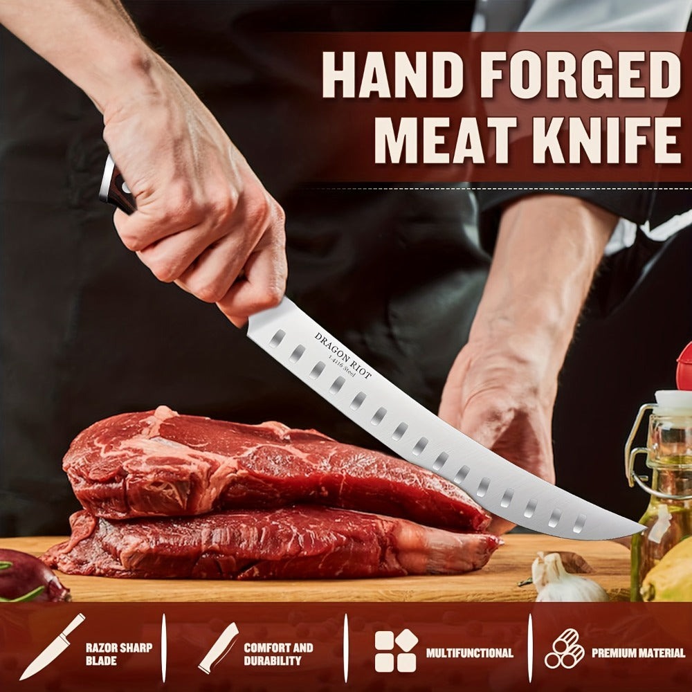 Brisket Carving Knife 10 Inch, High Carbon Steel Granton Edge Slicing Knife, Hand Forged Meat Carving Knife with Ergonomic Wood Handle for BBQ, Brisket, Roast & Turkey