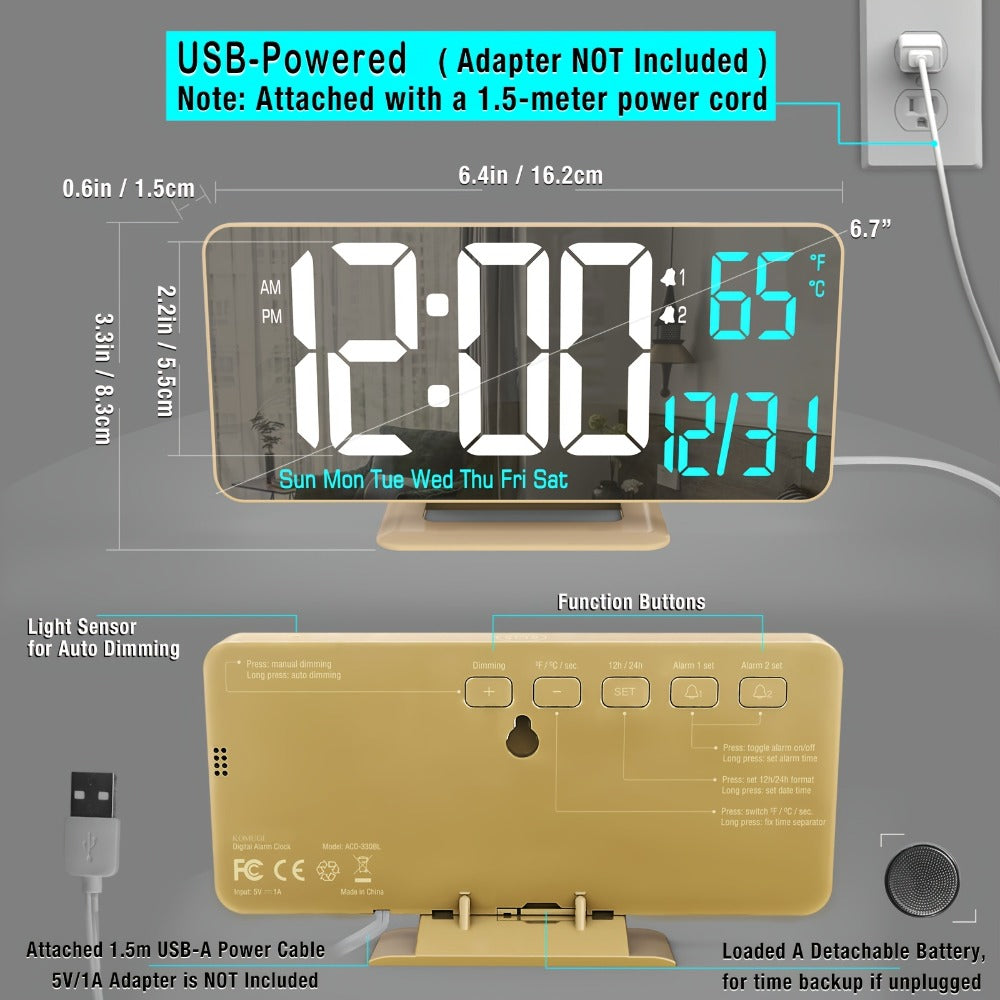 Large Digital Alarm Clock 6.7¡± with Dual Alarm & Dimmable LED Display ¨C USB Powered Desk Clock with Temperature, Date & Day of Week | Modern Golden Bedside Clock for Bedroom, Living Room & Office