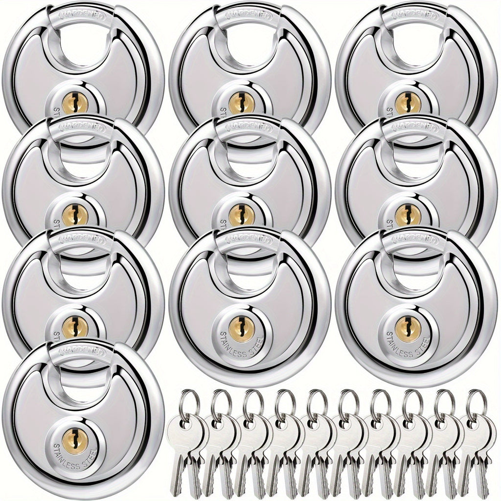 Padlocks with Same Key - 10pcs Stainless Steel Disc Lock Set, Keyed Alike Discus Pad Lock 2-3/4 Inch Wide 3/8 Inch Shackle, Outdoor Weatherproof Lock for Storage Unit, Shed, Garage, Gate & Fence