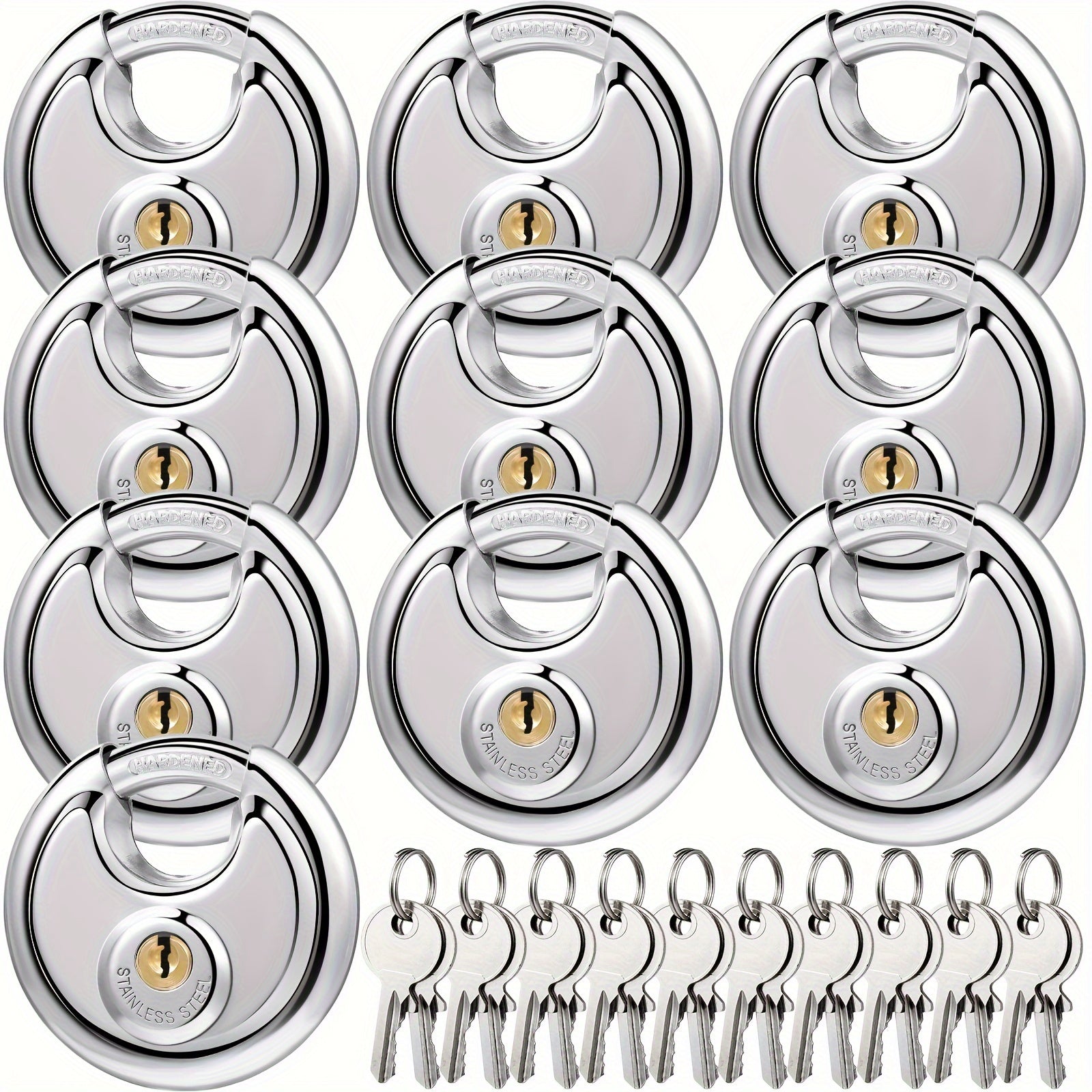 Padlocks with Same Key - 10pcs Stainless Steel Disc Lock Set, Keyed Alike Discus Pad Lock 2-3/4 Inch Wide 3/8 Inch Shackle, Outdoor Weatherproof Lock for Storage Unit, Shed, Garage, Gate & Fence