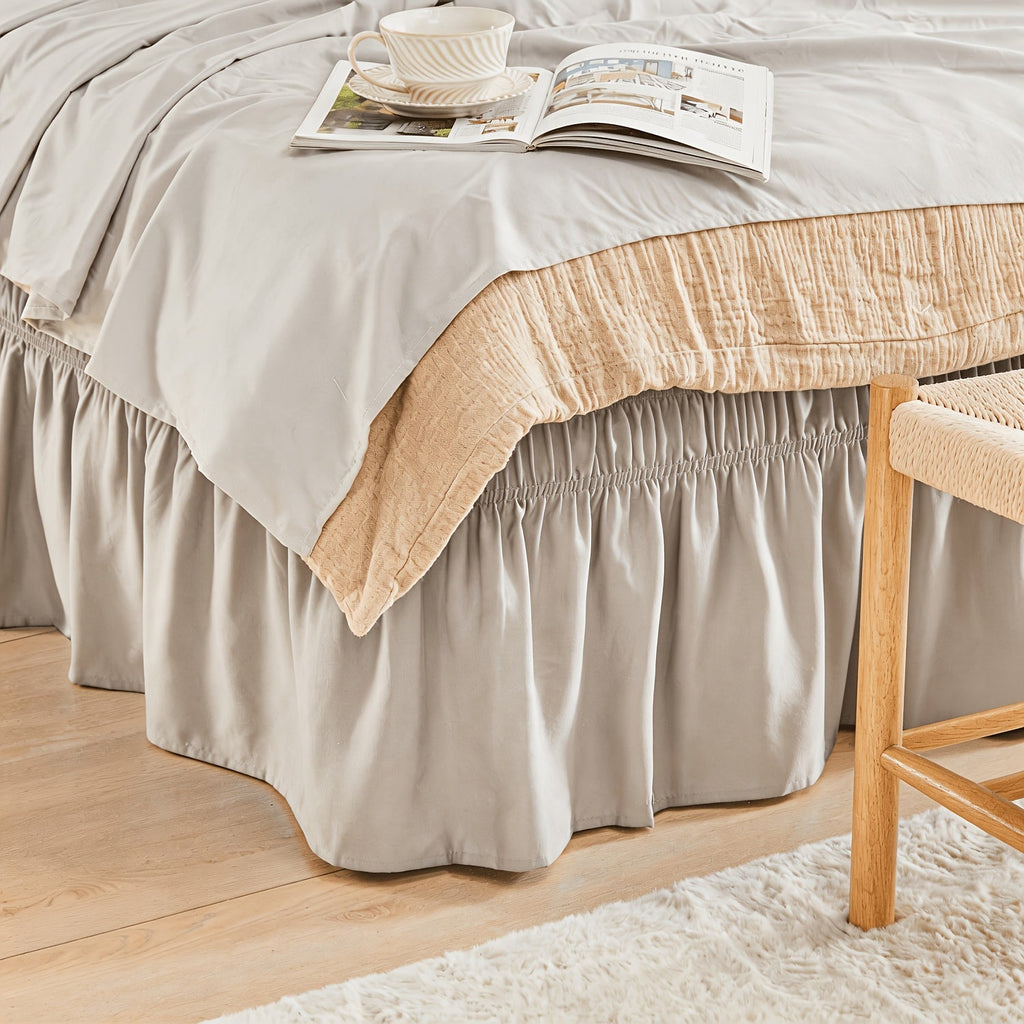 Bed Skirt with Adjustable Elastic Belt - Ruffle Microfiber Dust Ruffle 15 Inch Drop, Hotel Quality, Fade Resistant, Machine Washable, Easy Wrap Fit