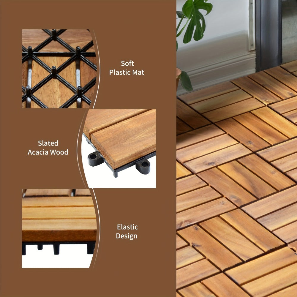 Interlocking Acacia Wood Deck Tiles 27-Pack ¨C 12x12 Inch Oil-Finished Slat Tiles, Covers 27 Sq Ft, Tool-Free Install, for Patio, Balcony, Garden, Deck & Indoor Flooring