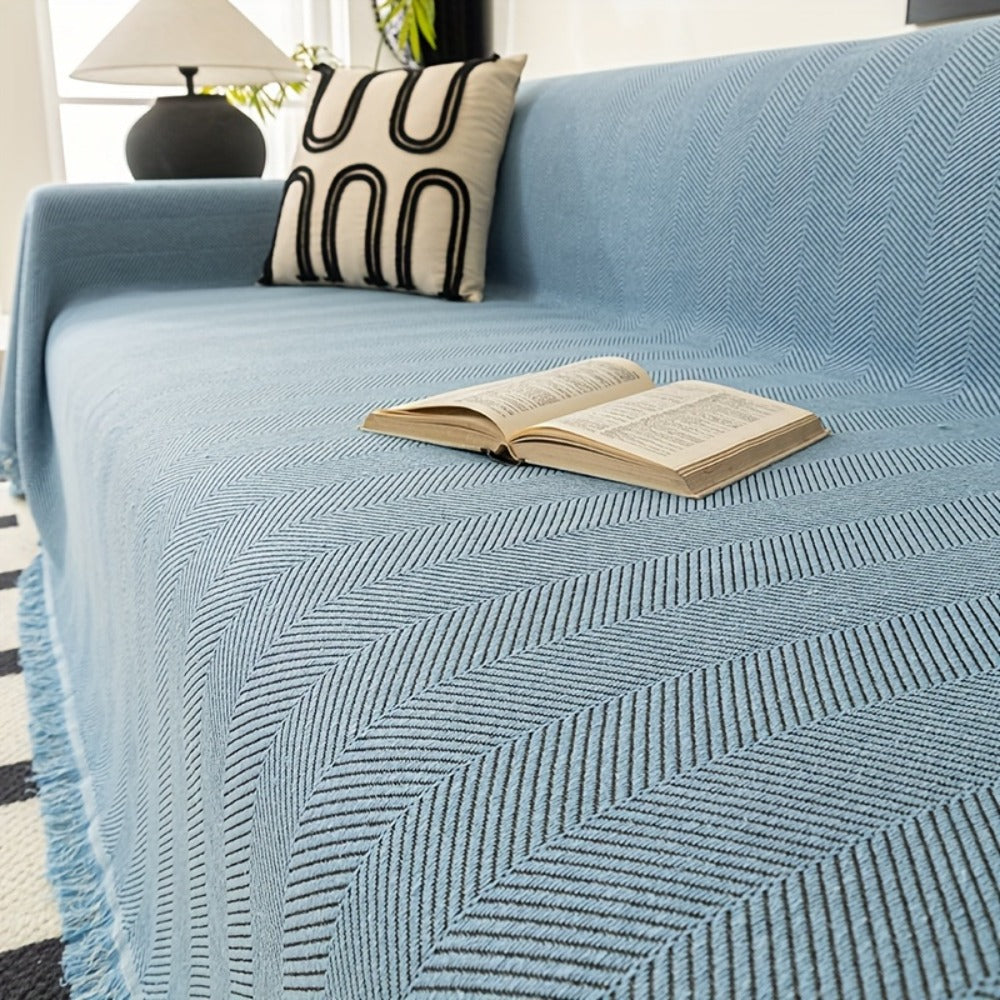 Herringbone Sofa Throw Cover with Tassels Jacquard Woven Solid Color Washable Polyester Sofa Blanket Slipcover for 3 4 Seater Couch Living Room - Grey Coffee Green Blue