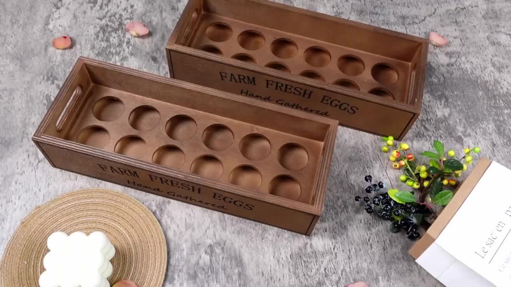 Farmhouse Wooden Egg Holder Rack 2pcs - 24 Egg Storage Display with Handle for Kitchen, Farm, Easter