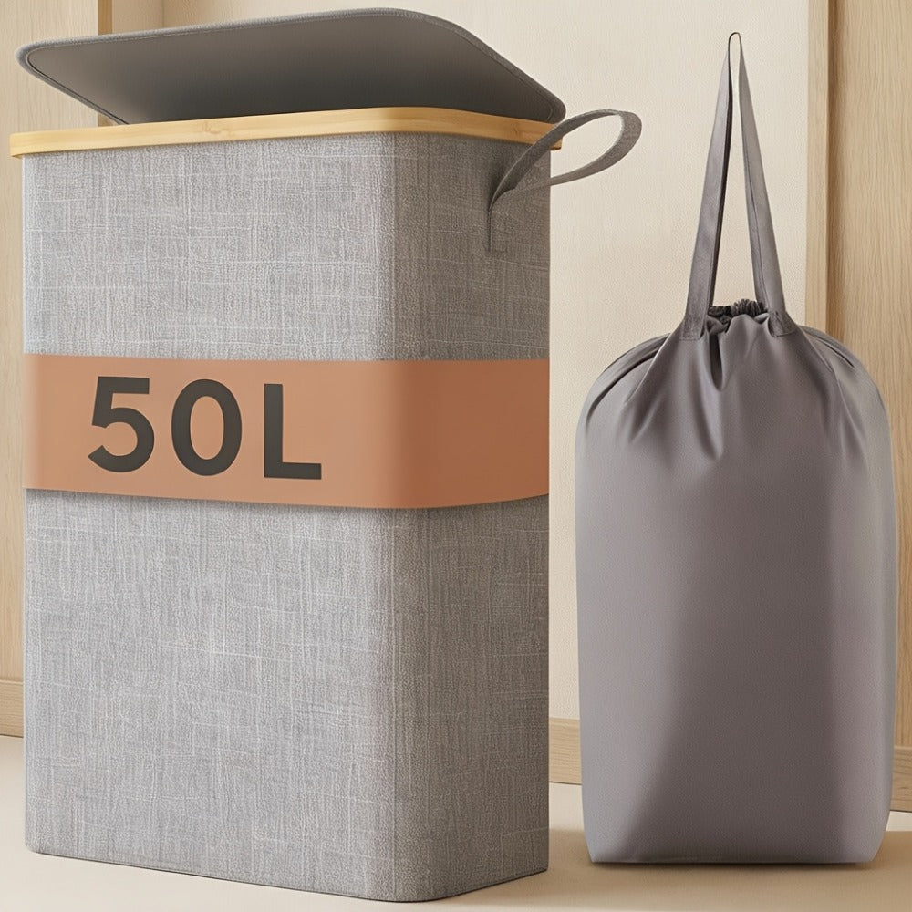 Slim Laundry Hamper with Lid & Removable Bag ¨C Foldable Narrow Clothes Basket with Bamboo Handles for Bathroom, Bedroom & Dorm ¨C 50L / 65L / 75L Space-Saving Collapsible Laundry Bin