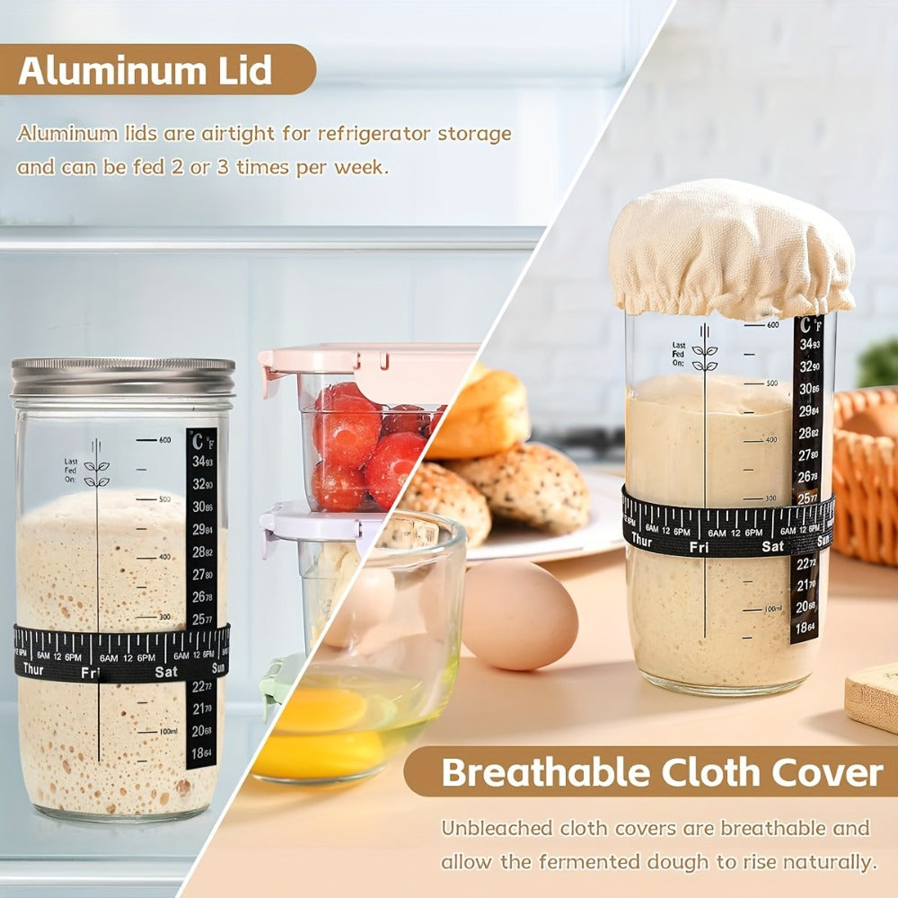 Glass Fermentation Jar Kit 24oz with Thermometer Scraper Cloth Lid Aluminum Lid and Auxiliary Label for Bread Baking Sourdough Juice Fermentation Available in 1 and 2 Pack