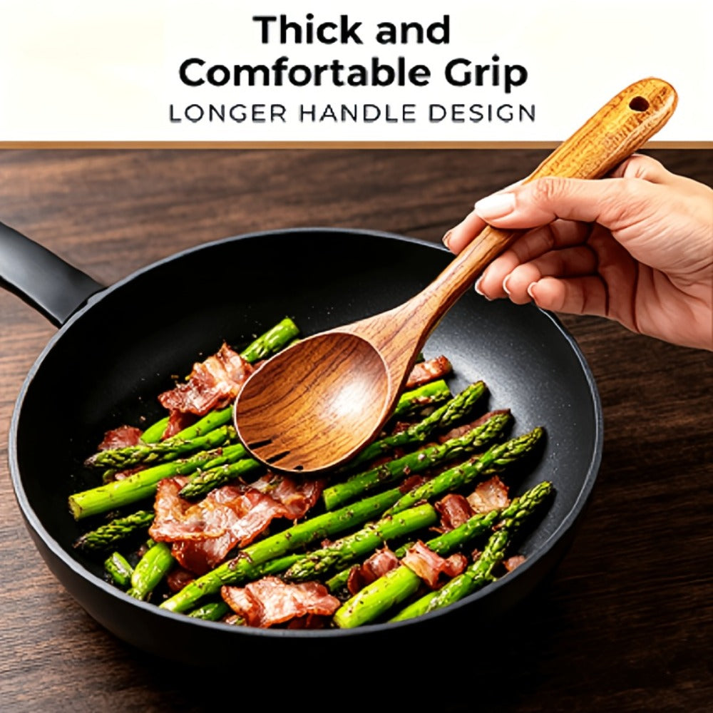 Wooden Kitchen Utensil Set 10 Piece - Nonstick Safe Cooking Spoons, Ergonomic Handle, Heat Resistant Wood Kitchen Tools, Natural Bamboo Utensils for Pots and Pans