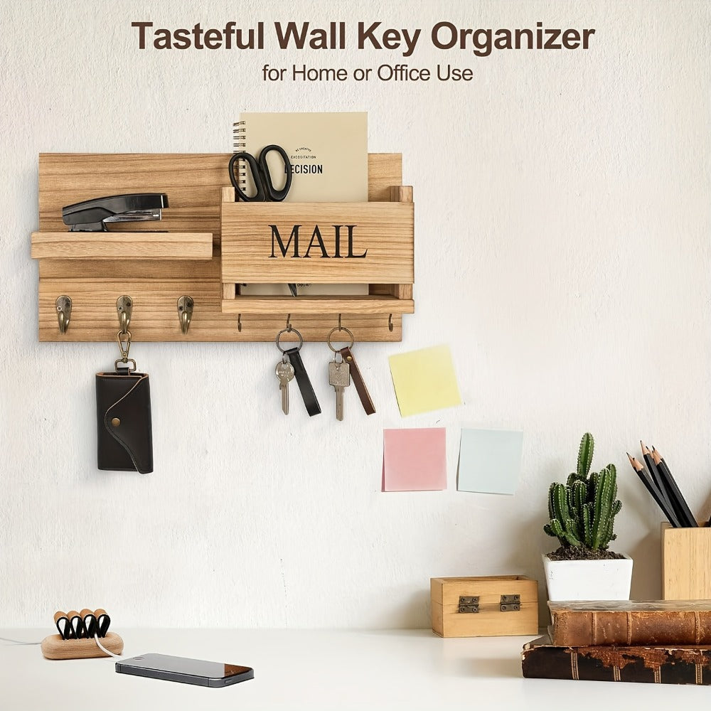 Wall Mounted Storage Rack with Mail Slot ¨C Rustic Wood Floating Shelf with Hooks for Keys, Hats & Envelopes, Decorative Organizer for Entryway, Porch, Bedroom, Bathroom & Living Room
