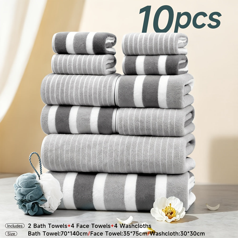 Microfiber Towel Set No Hair Loss Five-Star Hotel Standard - Ultra Soft 100% Polyester Two-Color Striped | 10pcs 3pcs 1pc | Green Brown Gray Red Blue | Bath Face Hand Towels with Bath Ball