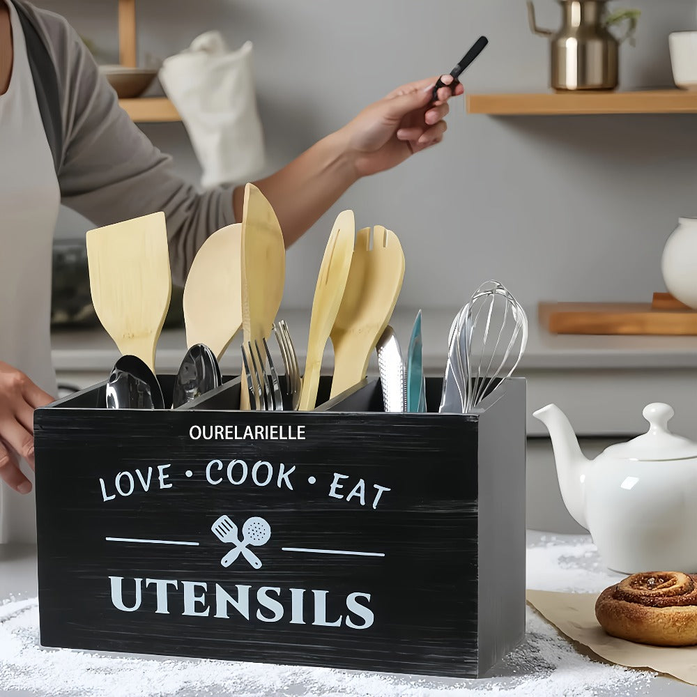 Wooden Cutlery Storage Box with Grid Compartments Chopstick Organizer Rack with Metal Accents for Kitchen Drawer Bedroom Desk Home Organization in Natural White Black