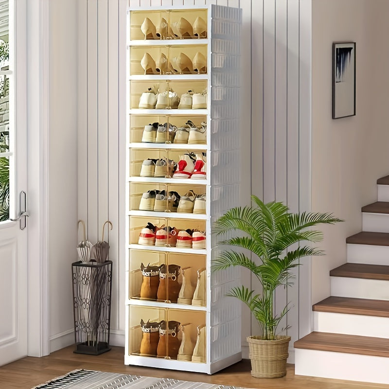 Shoe Rack Organizer 9-Tier, Collapsible Clear Plastic Foldable Stackable Shoe Cabinet with Shelves & Doors ¡ª No Assembly, Space-Saving Narrow Storage for Hallway, Apartment & Small Spaces