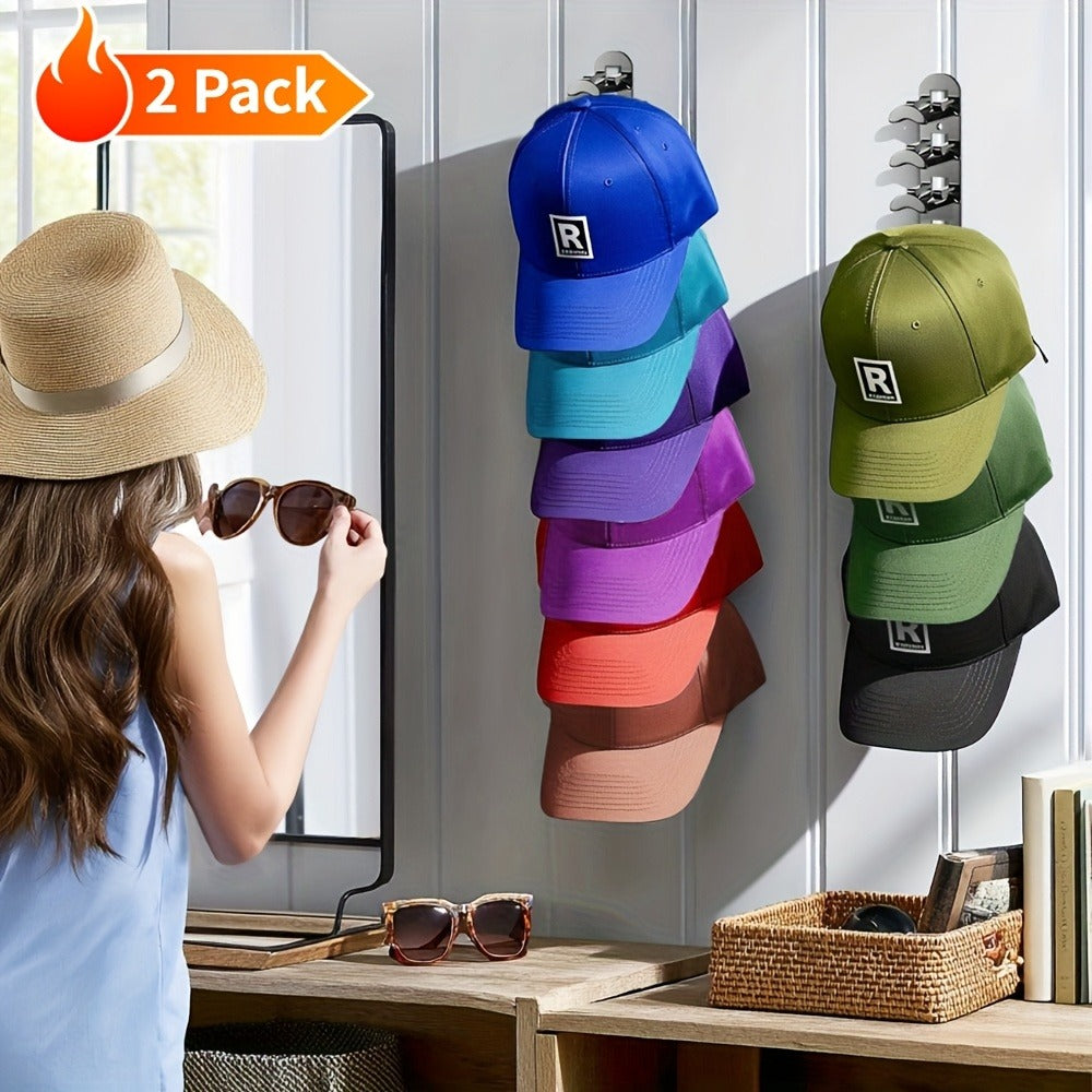 Wall Mounted Hat Rack for Baseball Caps ¨C Adhesive or Drill Mount, Holds 20 Hats, Multilayer Storage, 2pcs