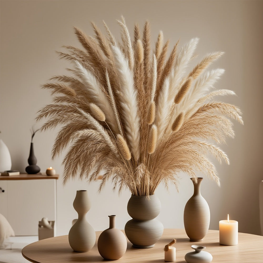 Dried Pampas Grass Bouquet 125pcs Natural Dried Flowers Boho Home Decor Bunny Tails Arrangement for Vase Wedding Centerpiece Bohemian Room Decoration Photography